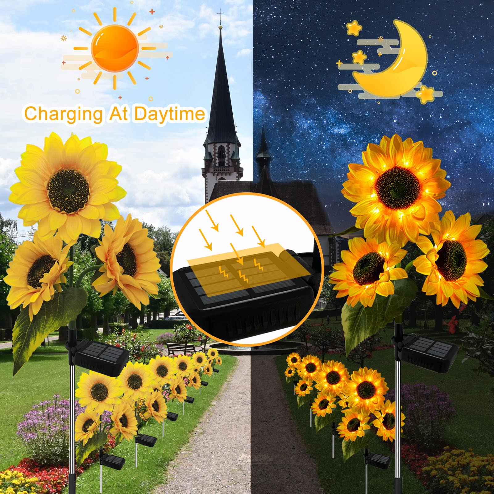 Nooneast 2 Pack Sunflower Solar Lights Outdoor Decor With 3 Led Sunflower Yellow Flower Lights Decorative Waterproof For Patio Lawn Garden Yard Pathway Decoration