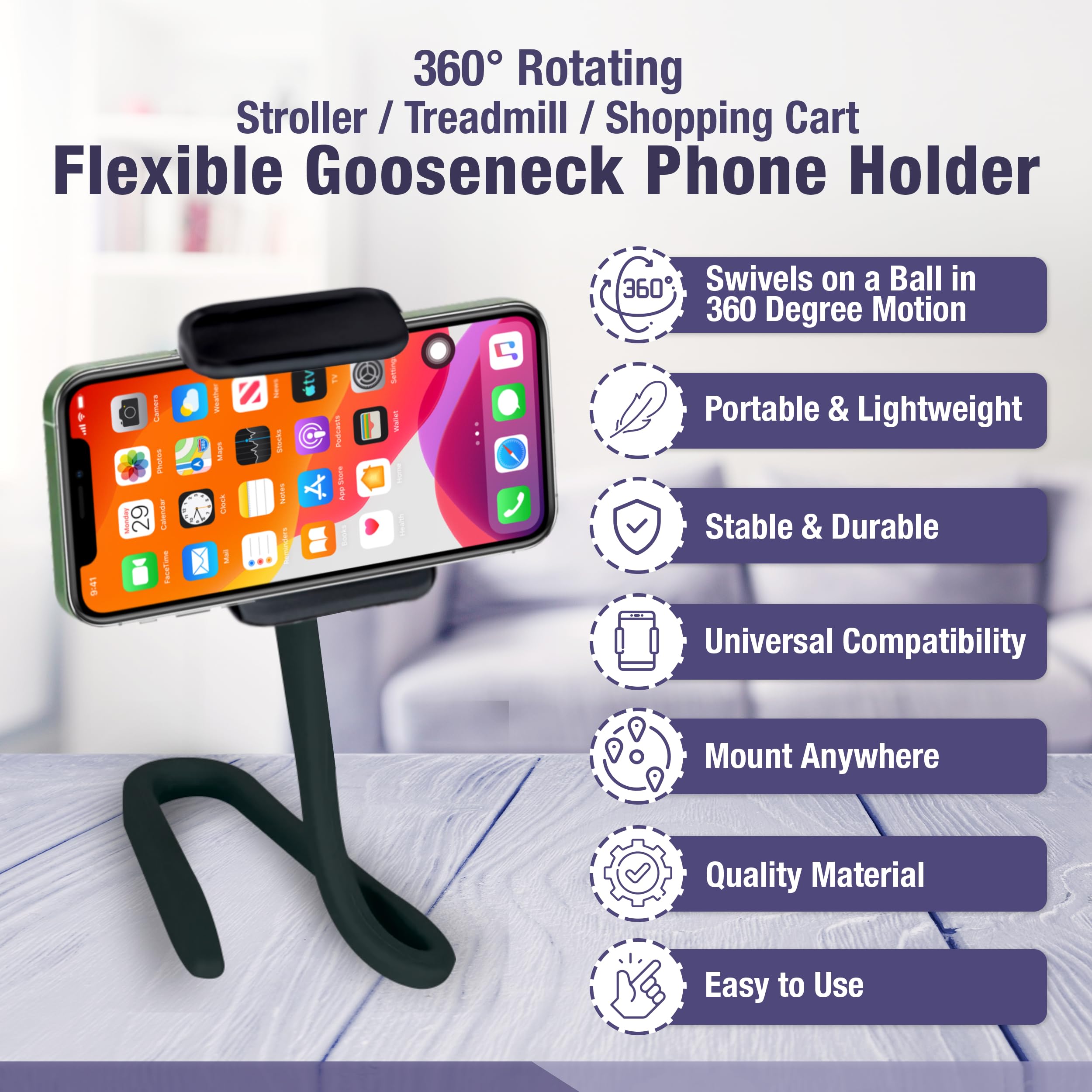 Logoless Gooseneck Phone Holder Wrap Around For Car, Stroller, Treadmill, Shopping Cart, Bike, Boat, Golf Cart, Desk, Bed - Flexible And Adjustable Iphone Holder - Cell Phone Mount And Stand