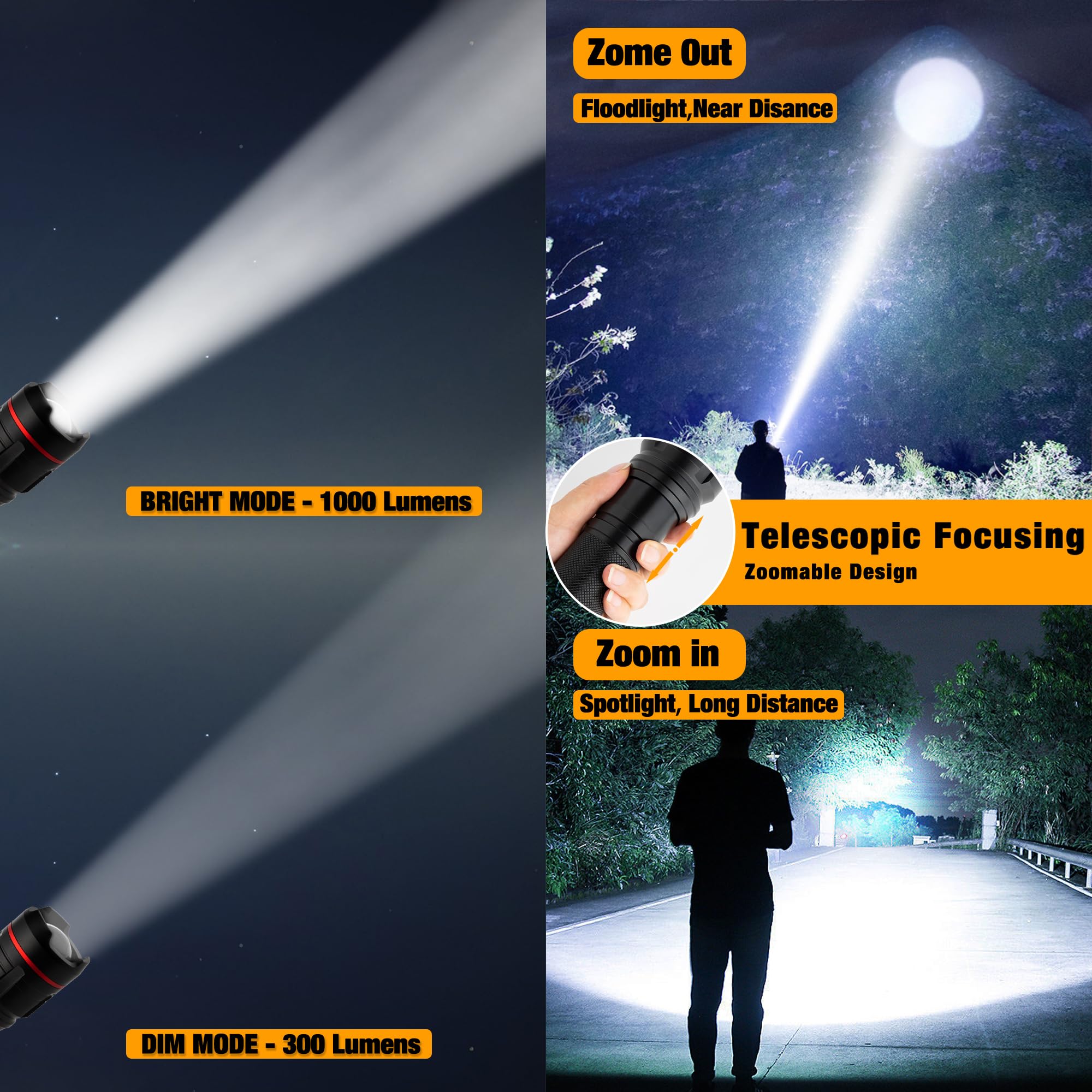 Kunhe Heavy Duty 3D Cell Led Flashlights Large Aluminum Zoomable High Lumens-1000 Lm Battery Powered Single Mode Flash Light- Big Security Flashlight For Home Emergency Power Outages Camping Car