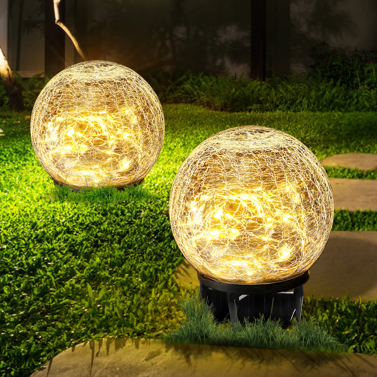 Hbaushun Garden Solar Lights 2 Pack,Outdoor Waterproof 30 Led Cracked Glass Ball Globe Solar Power Ground Lights For Pathway Path Yard Patio Lawn, Outdoor Christmas Decoration Landscape 4.7''
