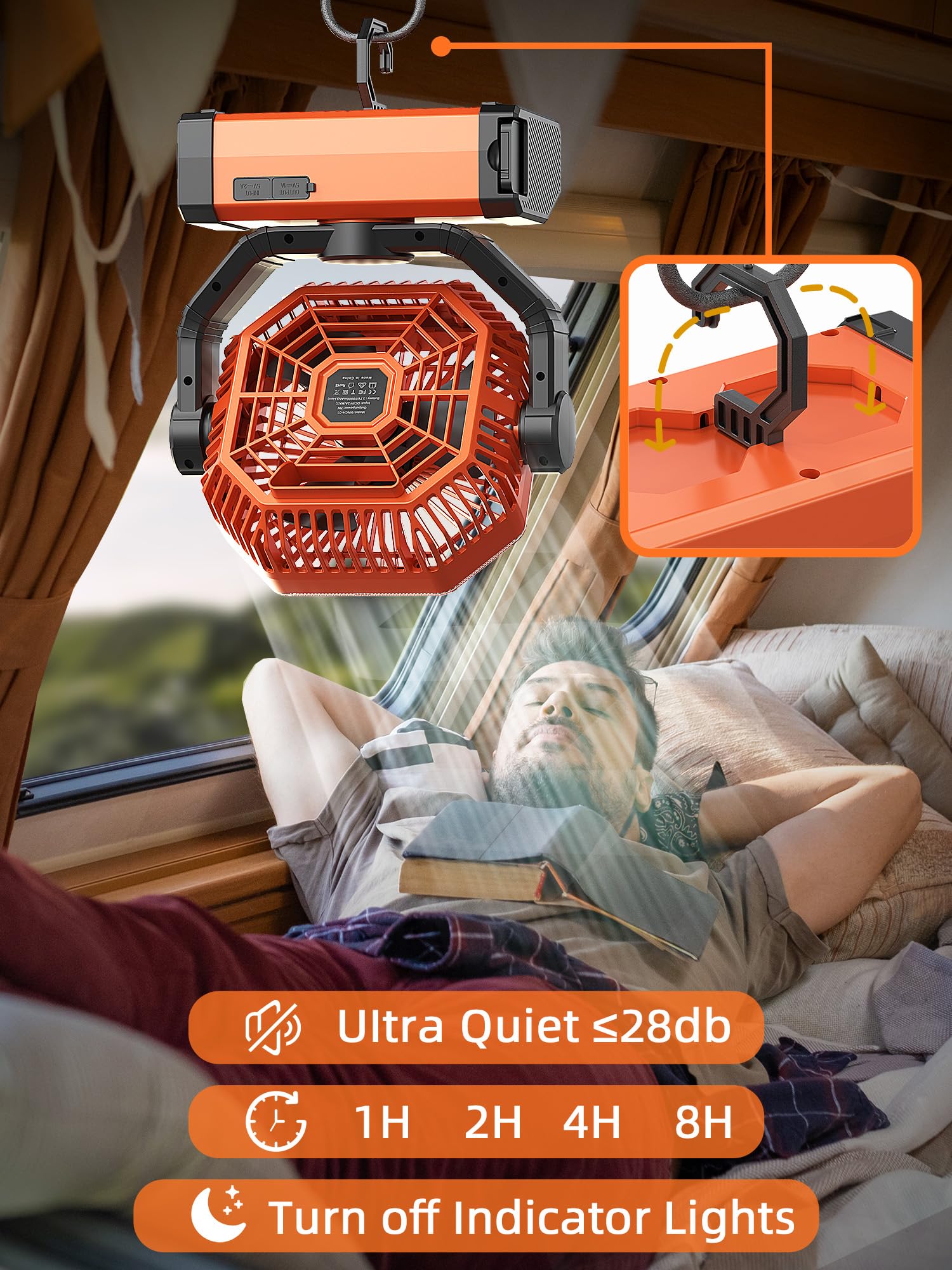 Rechargeable 9-inch camping fan with 20000mAh battery, 60-hour runtime, perfect for tents and outdoor activities