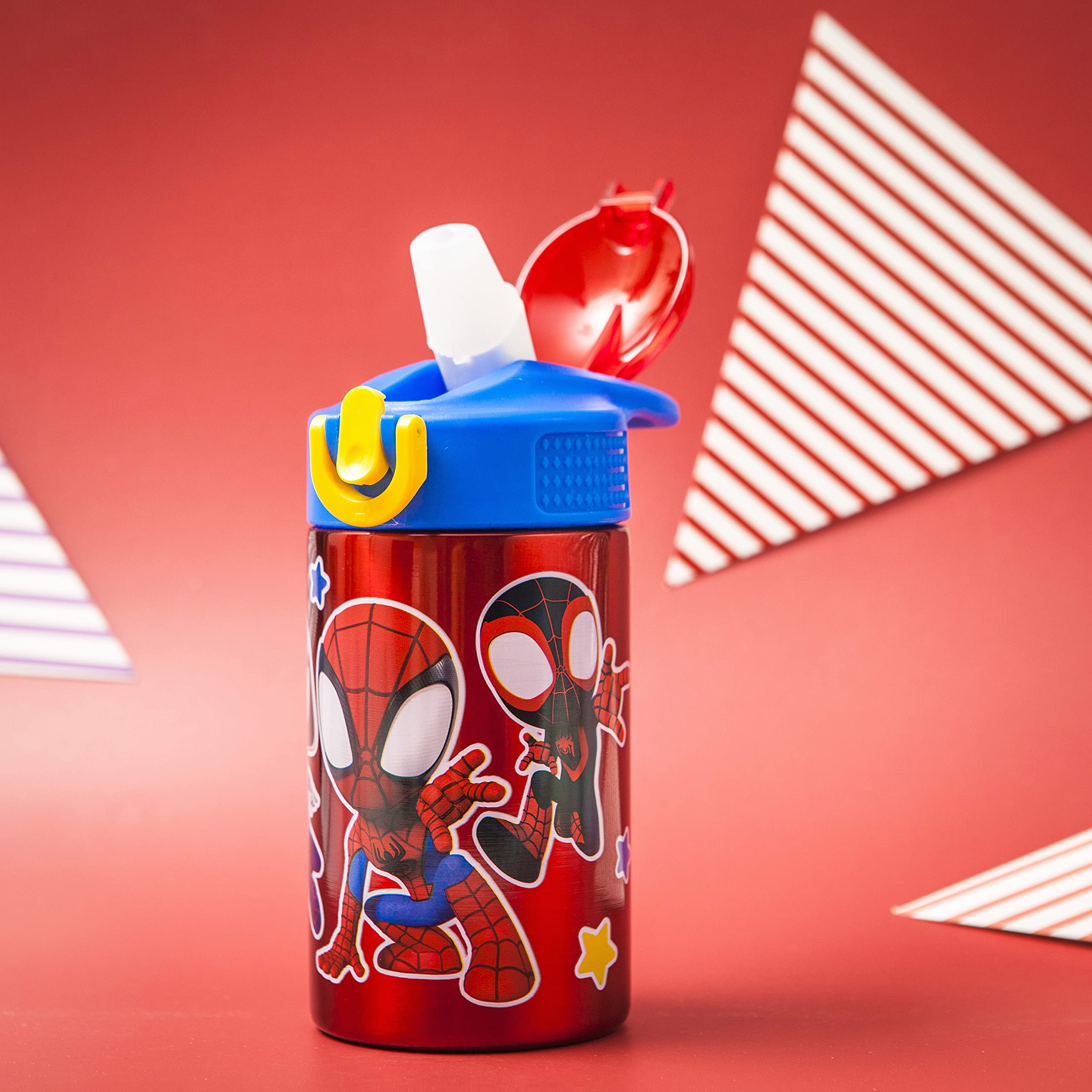 Zak Designs Marvel Spider-Man 18/8 Single Wall Stainless Steel Kids Water Bottle, Flip Straw Lockin