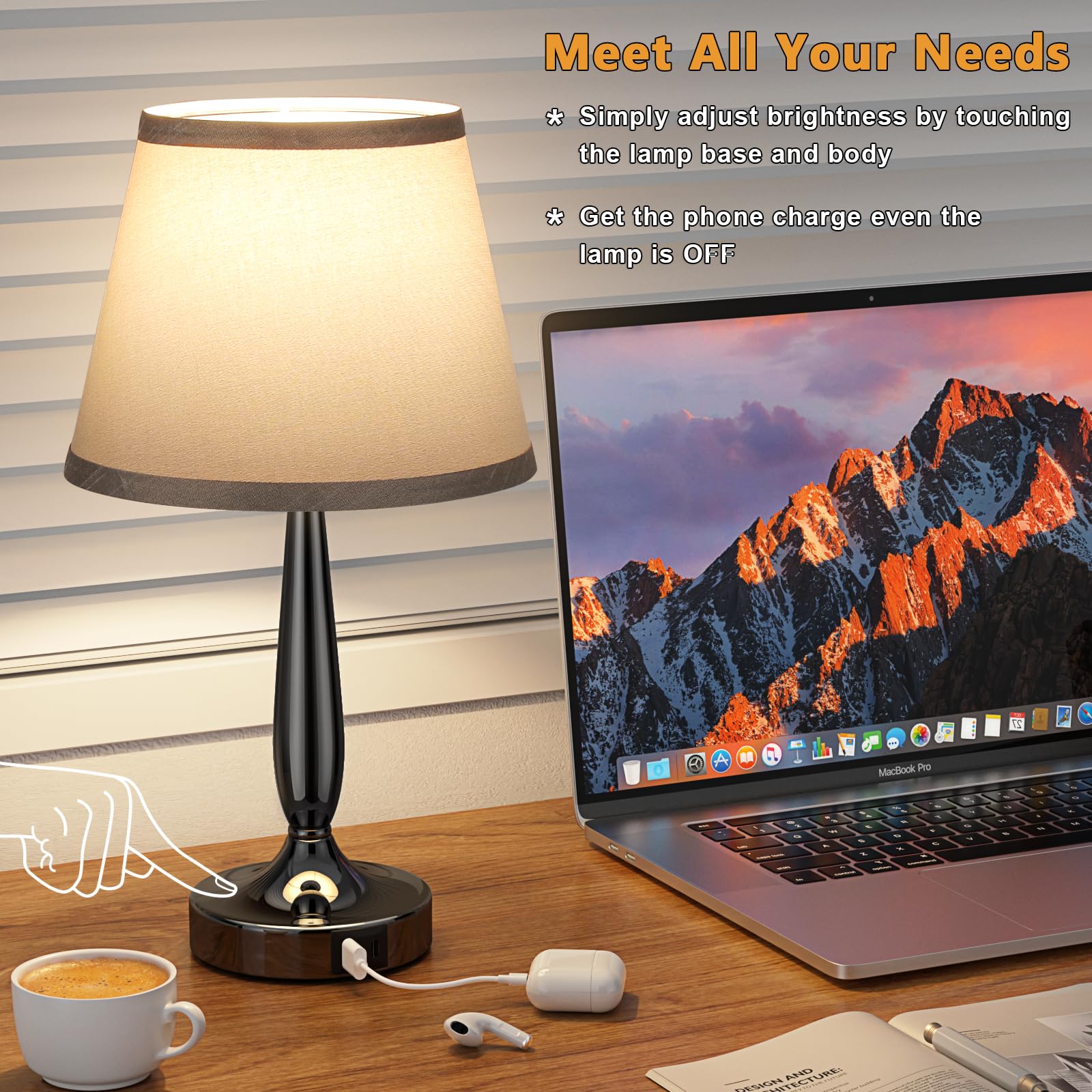 Kakanuo Touch Table Lamp For Bedroom, Small Bedside Lamp With Usb C Charging Port, 3 Way Dimmable Touch Control Nightstand Lamp For Living Room And Office, Led Bulb Included
