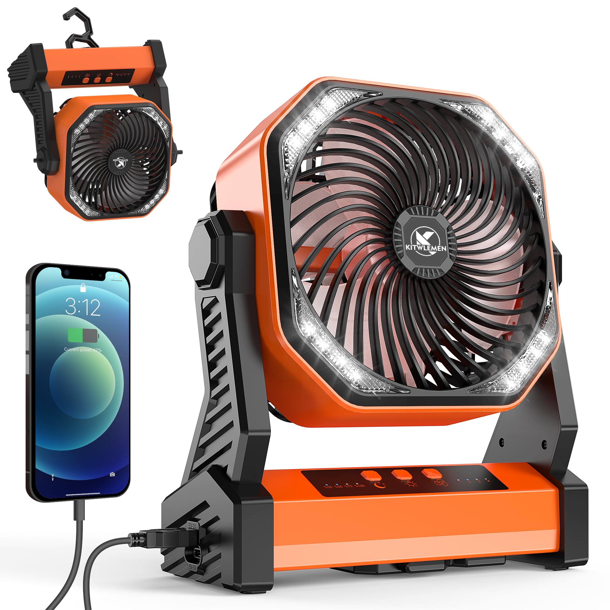 Kitwlemen Camping Fan With Led Lantern, 20000Mah Rechargeable Battery Operated Outdoor Tent Fan - Koospark