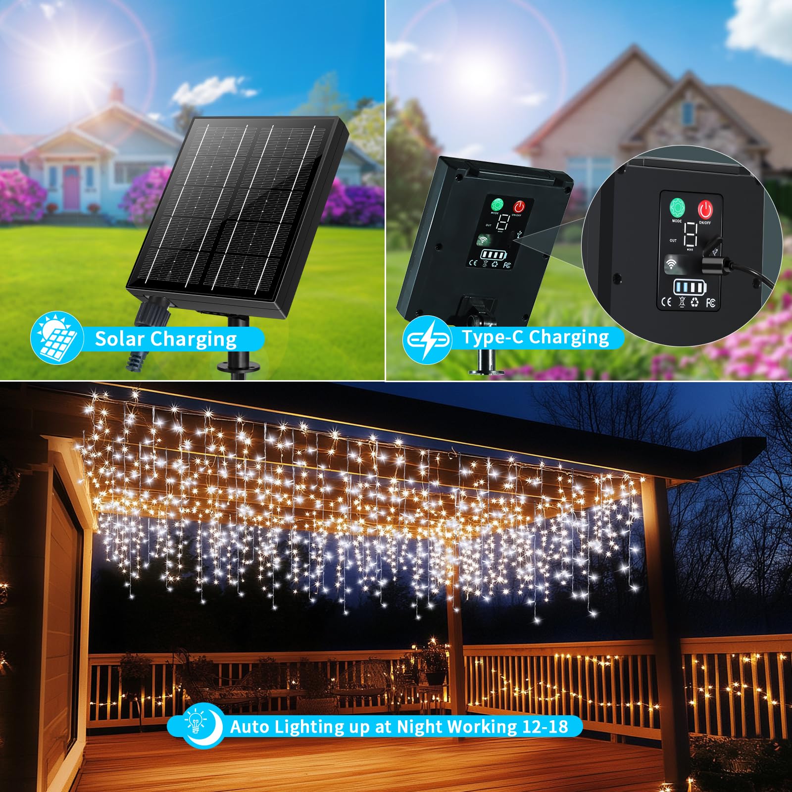 Binbinled Solar Christmas Lights Outdoor Waterproof 50+16Ft 506 Led Icicle Lights For Outside With 2400Mah Connectable Rechargeable Dimmable Remote 8 Modes Fairy Lights For Xmas Yard Eaves Balcony Decorations