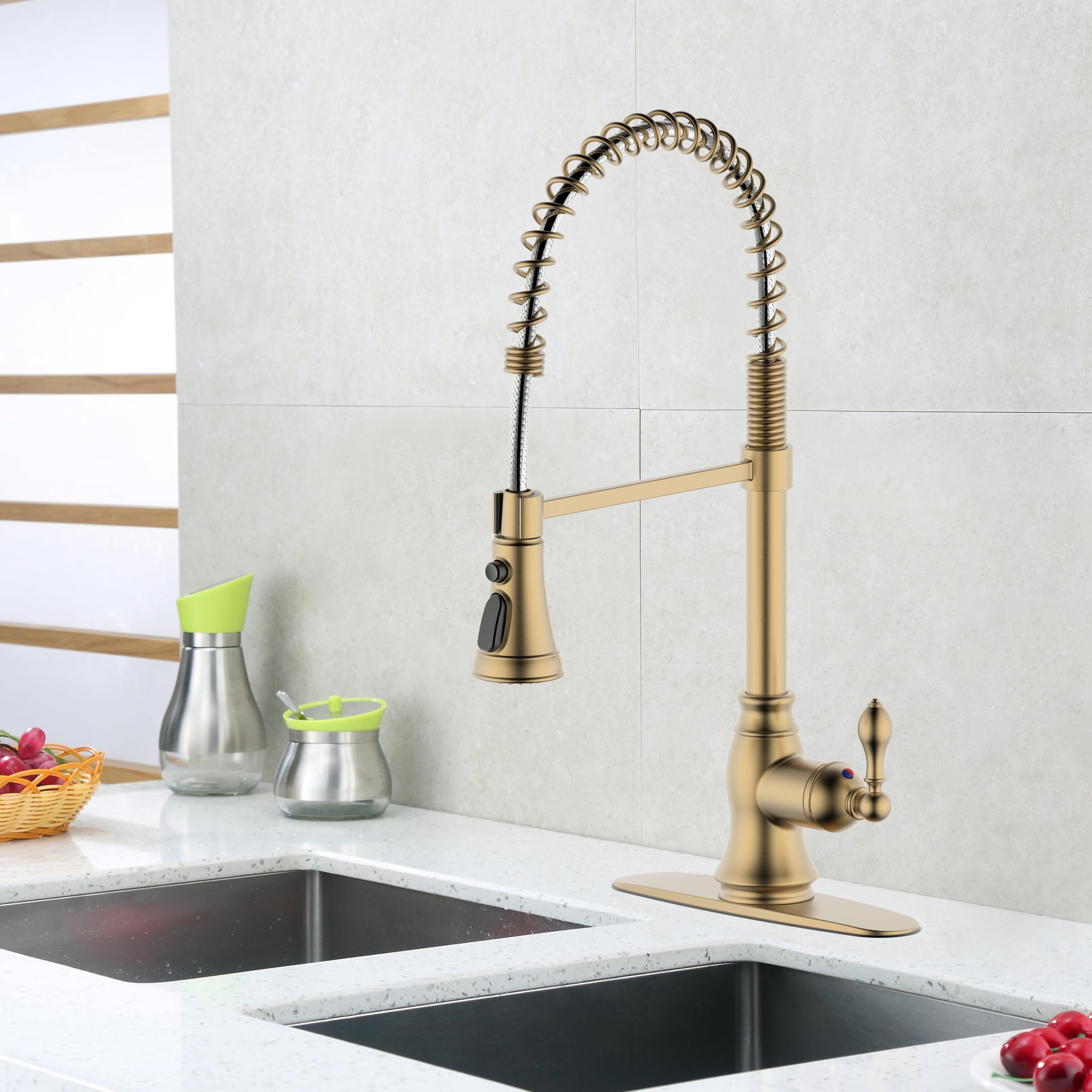 Derengge Brushed Gold Kitchen Sink Faucet,Single Handle Spring Spout Kitchen Faucet With Pull-Down Sprayer, 1 Hole Or 3 Hole Installation,Kf-5988-Bg