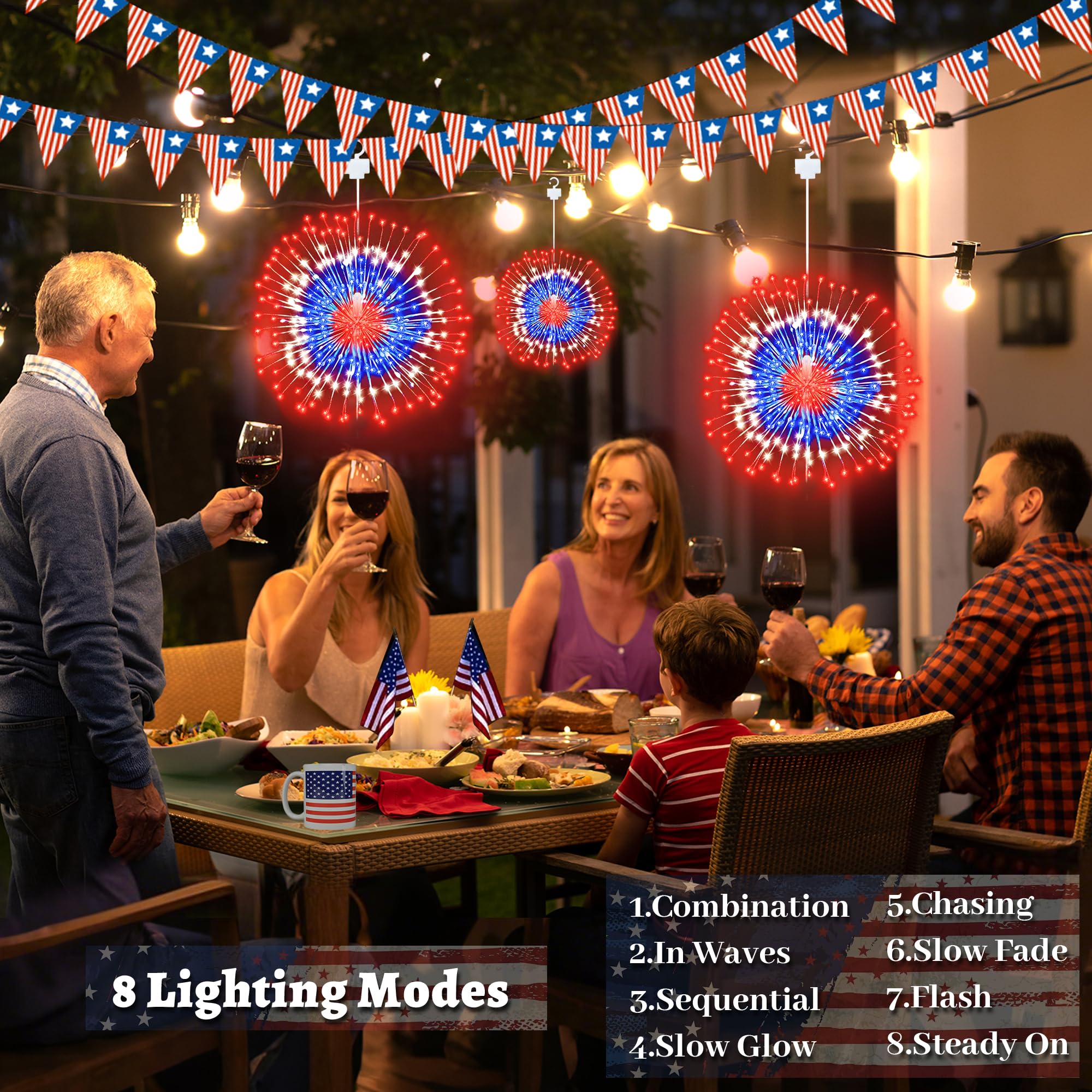 Sakayo 4Th Of July Decorations Outdoor Solar Lights, 2 Pcs 180 Led Fourth Of July Red White Blue Patriotic Firework Lights, Solar Outdoor Lights With 8 Modes For Independence Day Memorial Day July 4Th Decor