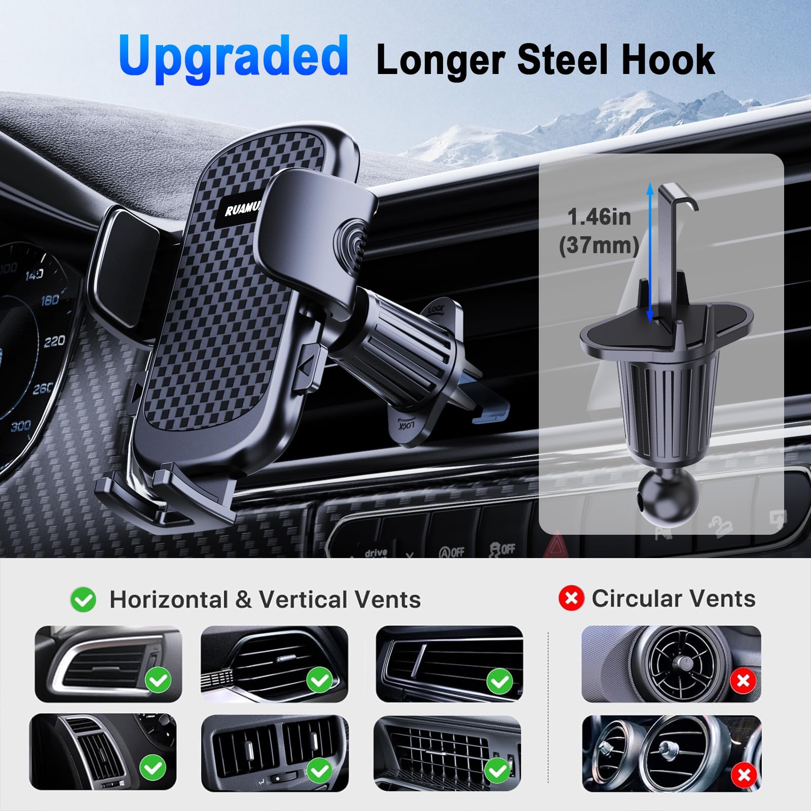 Ruamuafly [ ] Phone Holders For Your Car Vent Extended Metal Hook [Ultra-Stable] [Wider Clamp &Fit Thicker Case] Cellphone Car Mount For Iphone 16 Pro Max 15 Plus 14 13 12 Android Samsung S24 Ultra Pixel