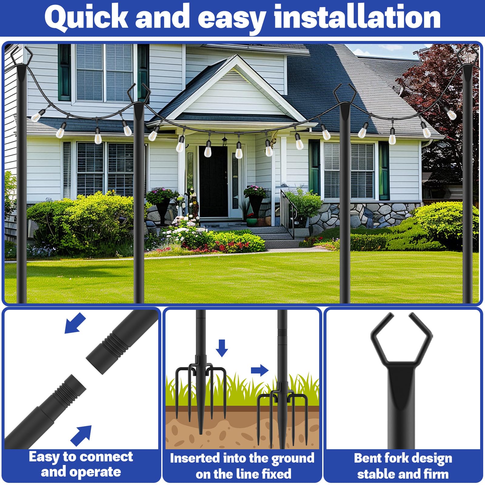 Talkhigh 6 Pack 10 Ft Heavy Duty Metal String Light Poles Adjustable Outdoor Lighting Stand For Patio,Backyard,Garden,Party & Wedding Rustproof & Sturdy With Hooks