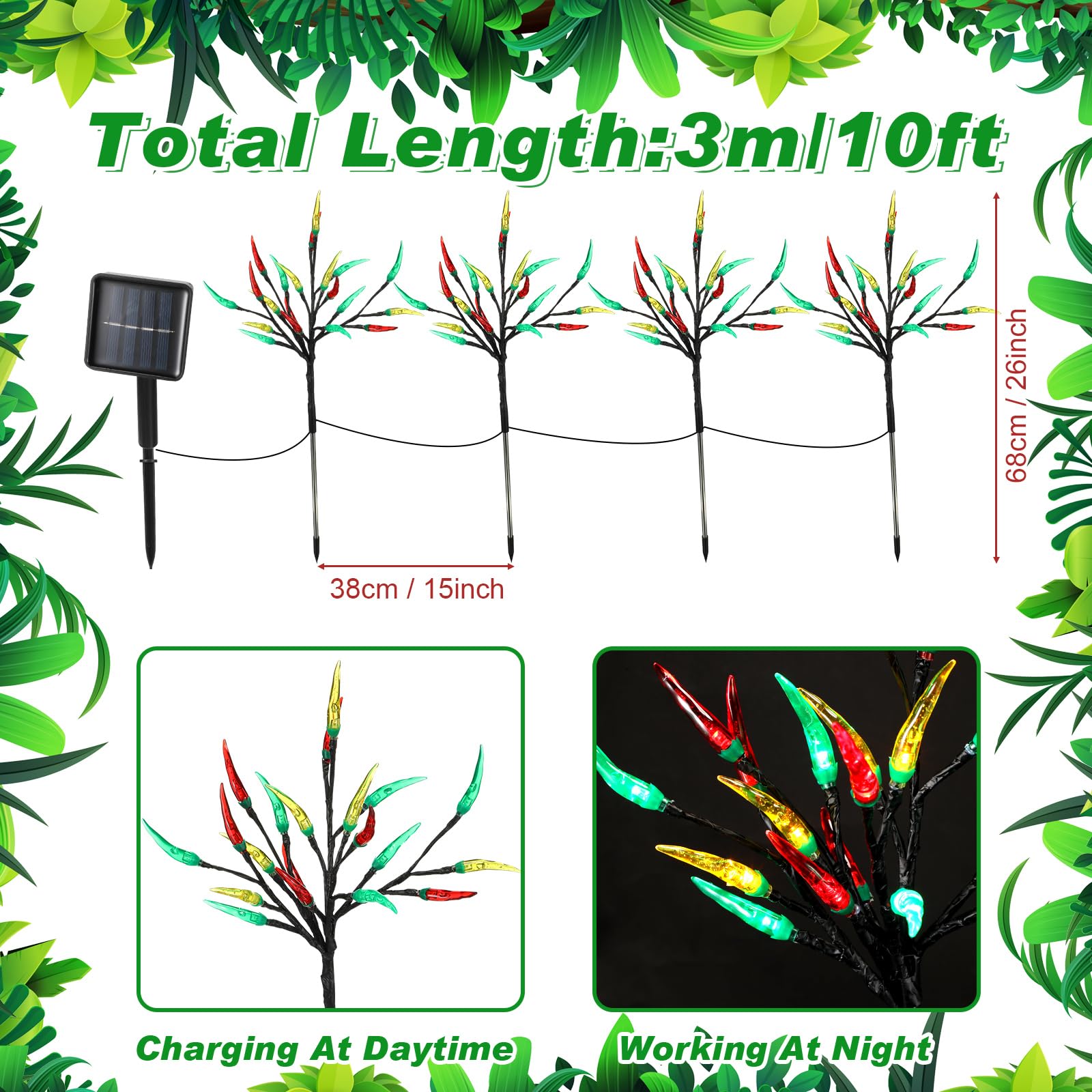 Rossesay 4 Pack Solar Chili Pepper Lights Cinco De Mayo Party Decorations 80 Led Red Green And Yellow Solar Stake Landscape Lights For Outdoor Garden Yard Pathway Summer Party Decor