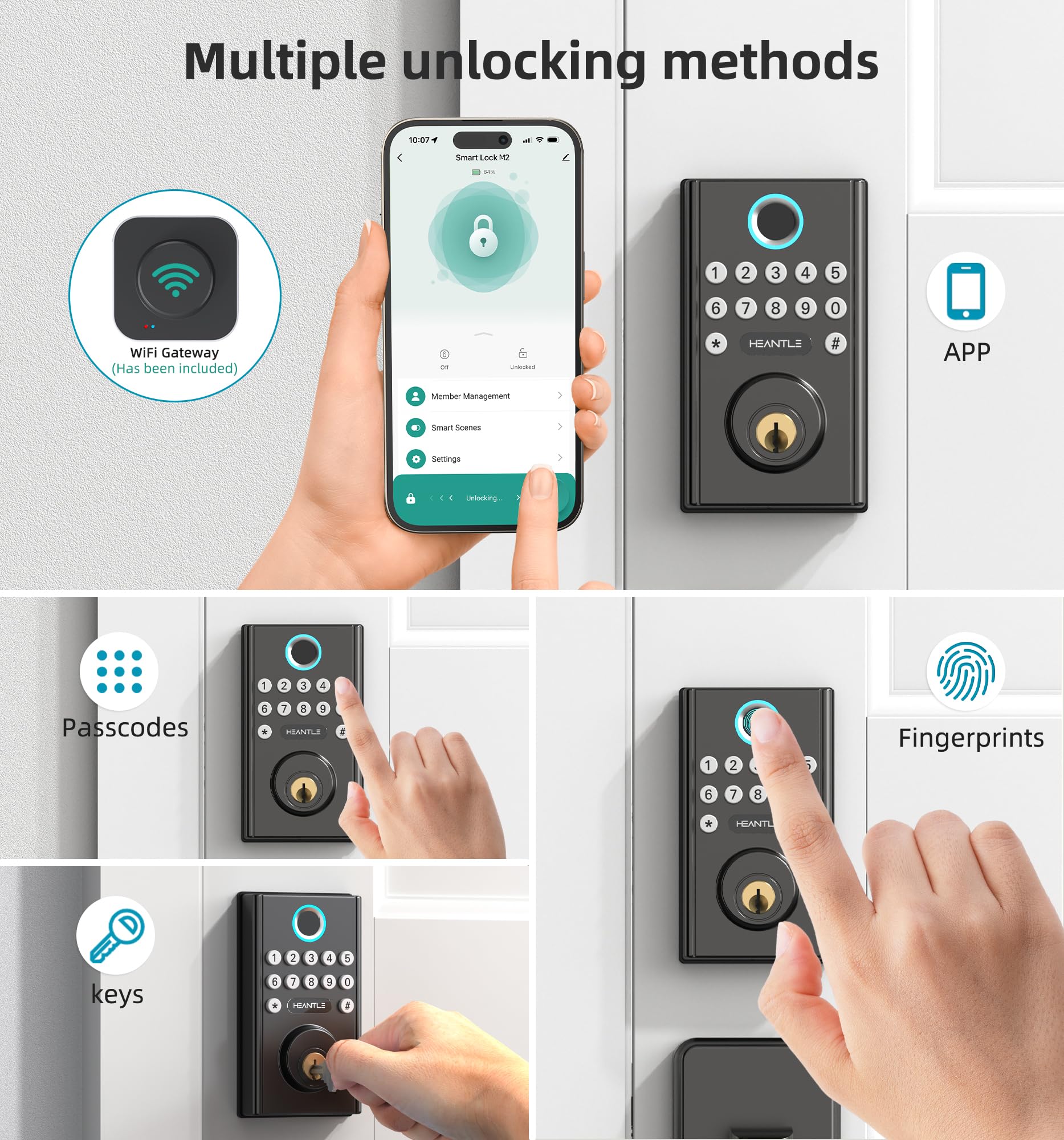 Heantle Wifi Front Door Lock With Handle: Keyless Smart Deadbolt Set Keypad Fingerprint Deadbolt Handleset Alexa Compatible Auto Lock App Remote Control