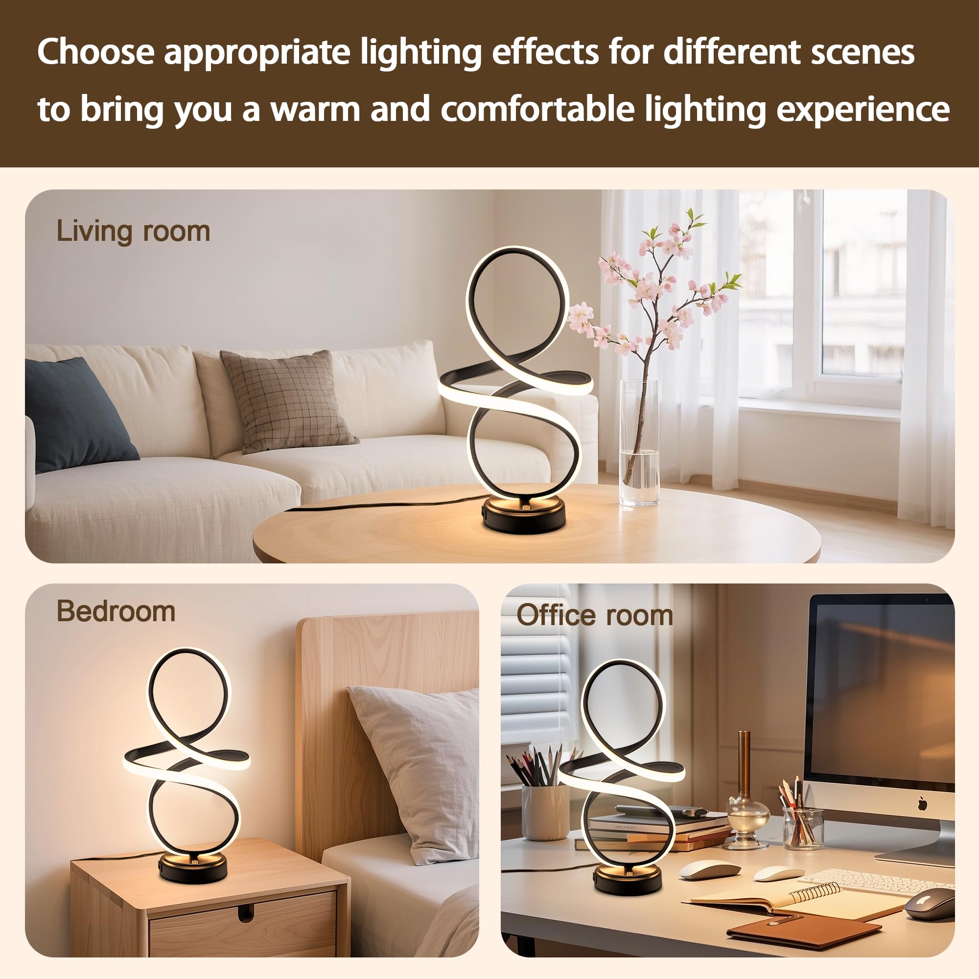 Mayful Modern Led Spiral Table Lamp,Black Touch Control Bedside Lamp With Usb Charging Ports,Contemporary Stepless Dimmable Nightstand Lamp For Bedroom Living Room Home Office,12W, 3200K Warm White