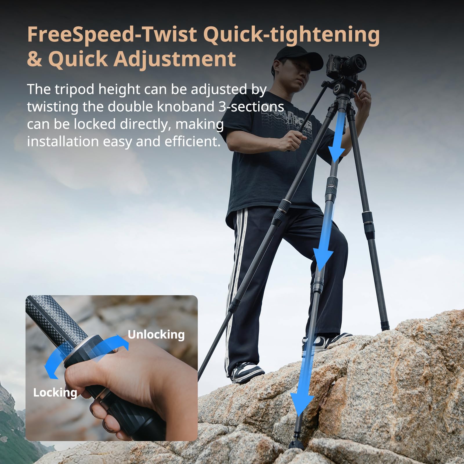 Smallrig Ft-S303 speed Carbon Fiber Tripod, 55'' Travel Video Tripod With One-Twist Height Adjustment, 65Mm Bowl Adapter, Weighs 4.6Lbs, Max Load 33Lbs / 15Kg For Dslr, Camera, Camcorder - 4645