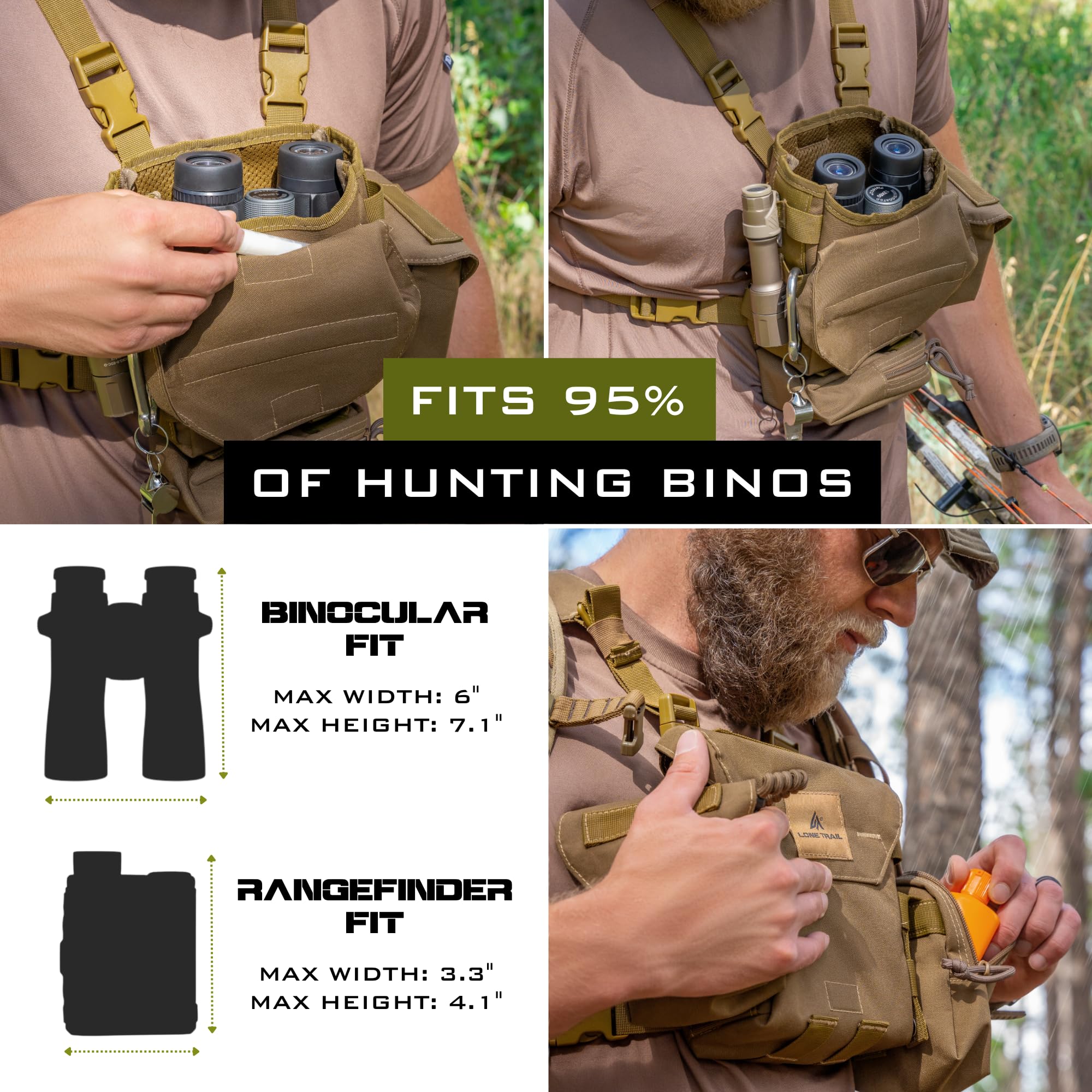 Lone Trail Waterproof Binocular Harness Chest Pack - Lightweight Bino Harness With Rangefinder Pouch, Binocular Case Chest Harness With Silent Magnetic Closure - Molle System Hunting Gear For Hunting