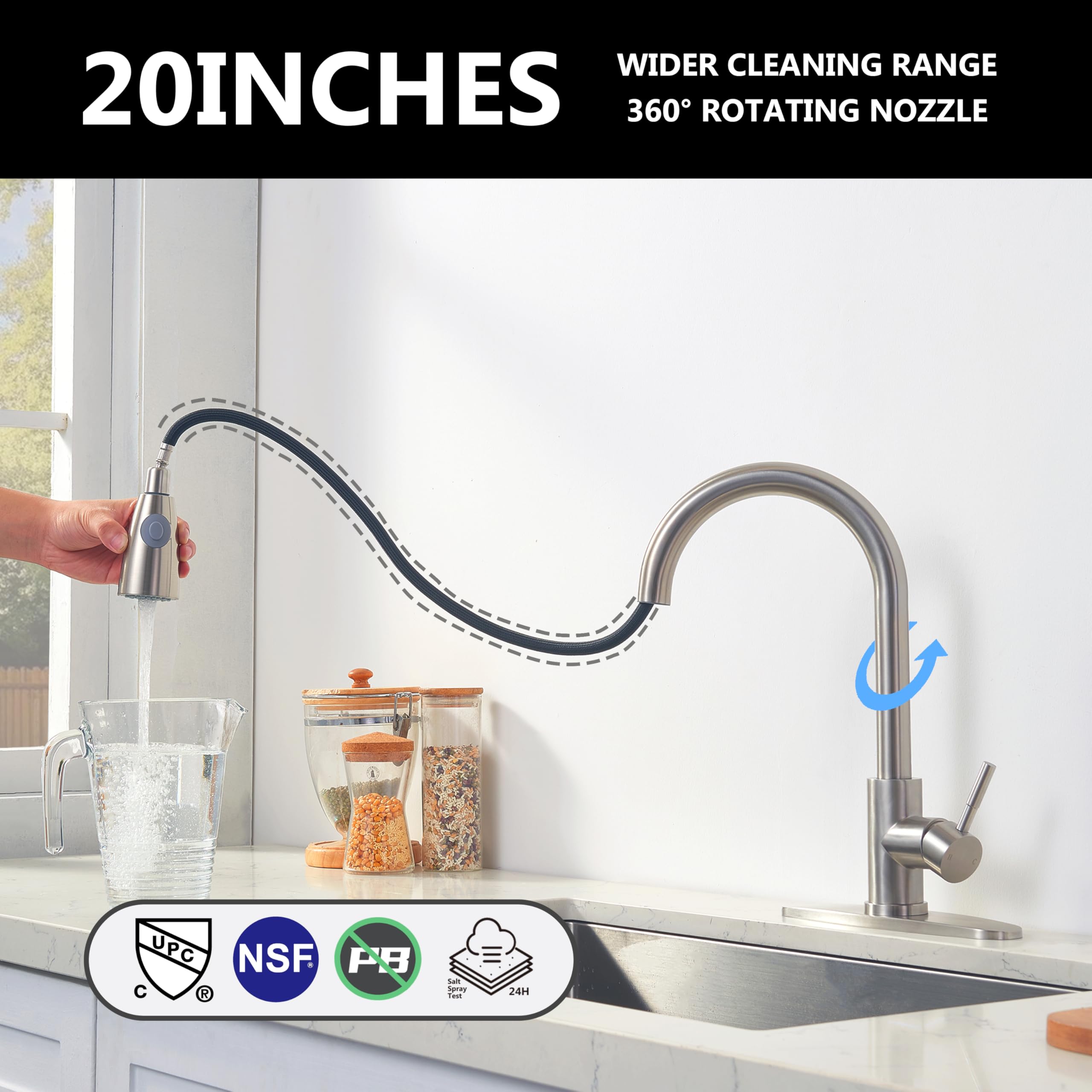 Comllen Kitchen Faucet With Pull Down Sprayer, Brushed Nickel Stainless Steel Kitchen Faucets, Commercial Pull Out High Arc Single Lever Sink Faucet For Kitchen Farmhouse Utility Rv Bar Laundry Sink