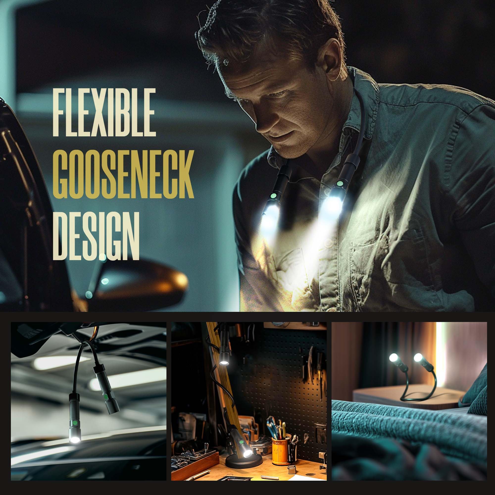 Clakap Led Neck Light, 1800Lumens Rechargeable Neck Flashlight With Magnetic Base, Detachable Neck Work Light With Zoomable Flashlight, Flexible Around Mechanic Neck Lamp For Car Repairing Reading