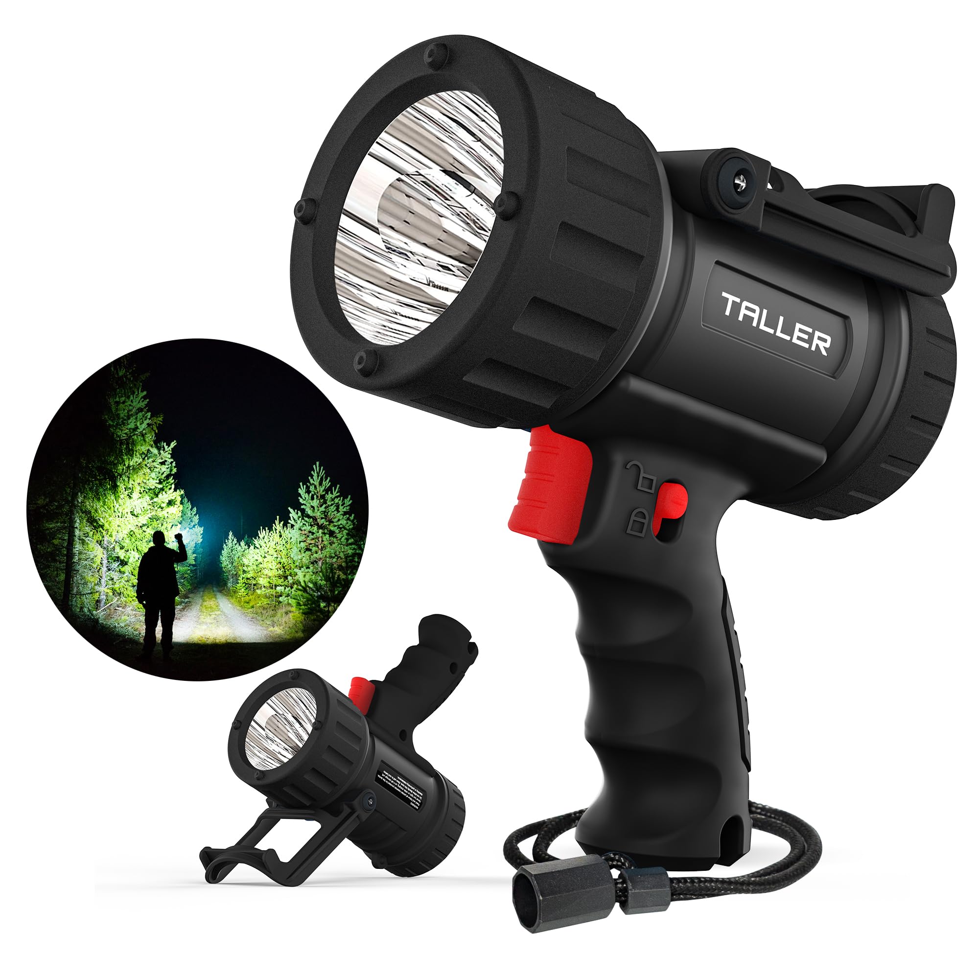 Taller  Rechargeable Spotlight Outdoor, Super Bright 10000Mah Hand Held Work Lights Flashlight Warning Lamp, Ipx7 Waterproof Lightweight Led Spotlight For Boat Camping, Hunting - Black