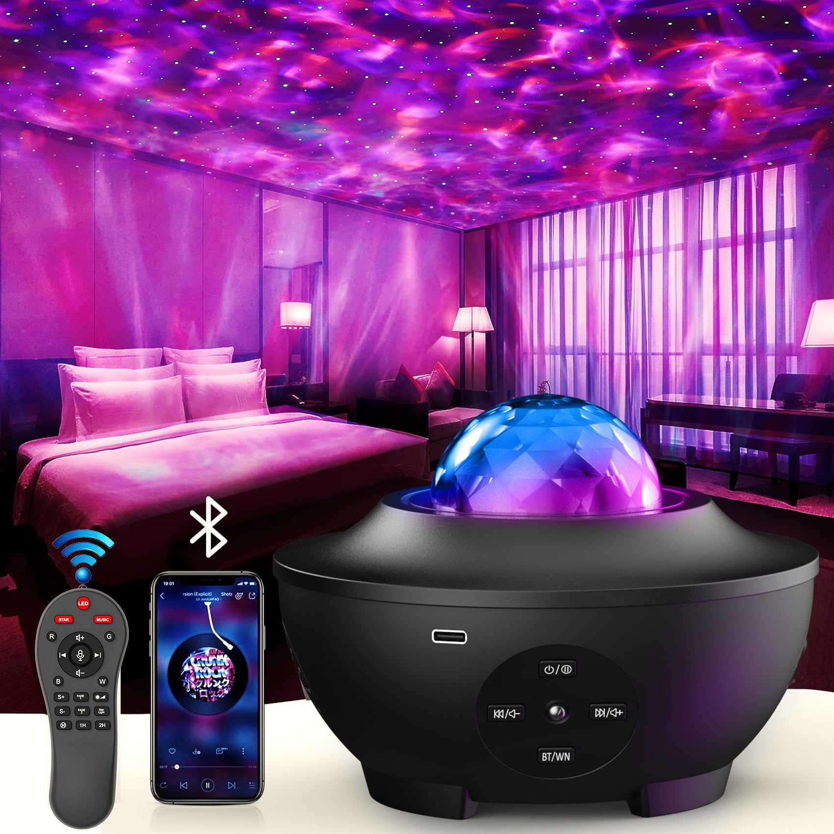 Sunbox Star Projector,3 In 1 Galaxy Projector Night Light With Remote Control,15 White Noise,Music Speaker&Timer,Starry Light Projector For Bedroom/Party/Home Decor,Starry Projector For Kids & Adults