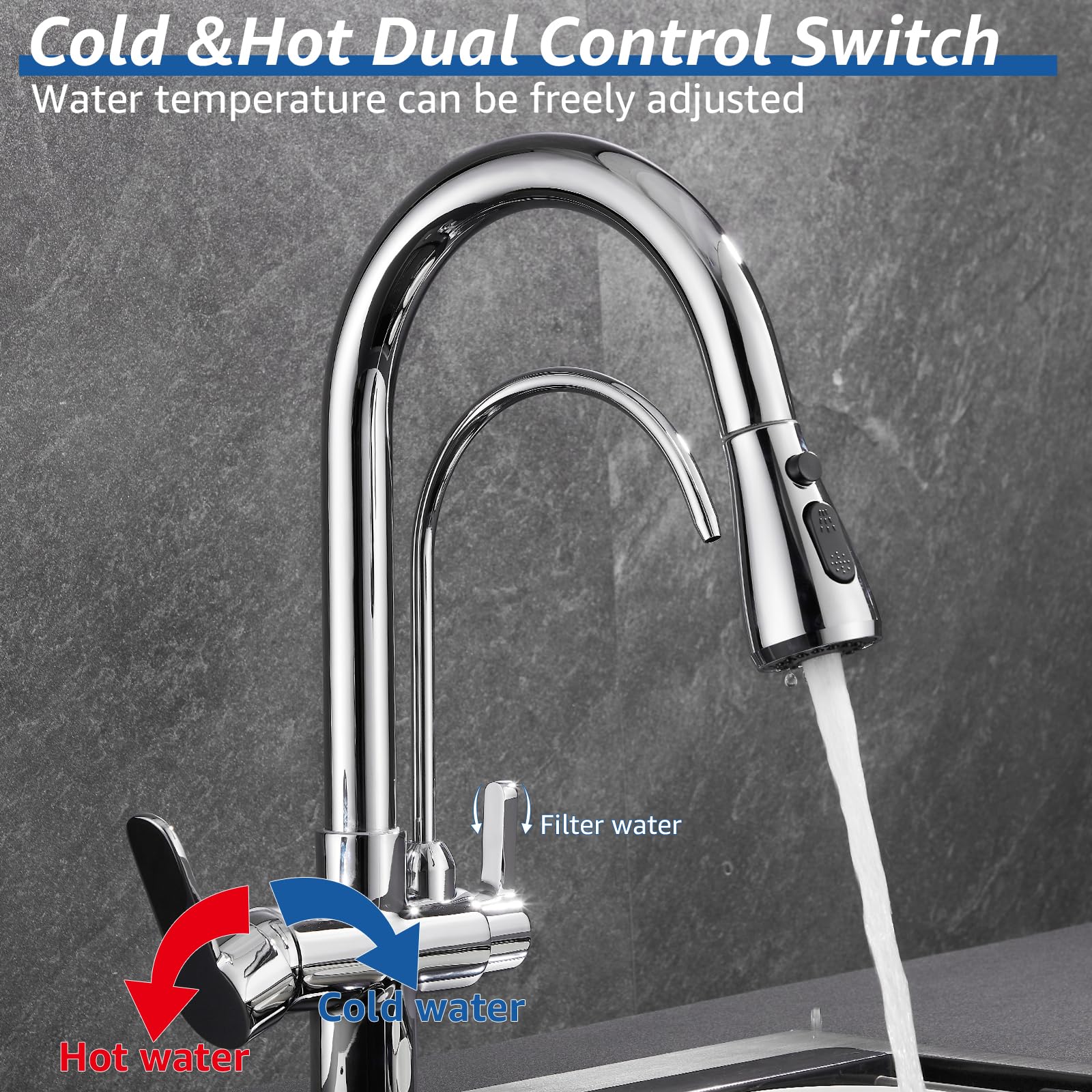 Pollock Kitchen Sink Faucet With Pull Down Spayer Faucet Water Filter 2 Handle 3 In 1 Faucet Water Filter For Kitchen Sink Cold And Hot Mixer Drinking Water Faucet,Chrome