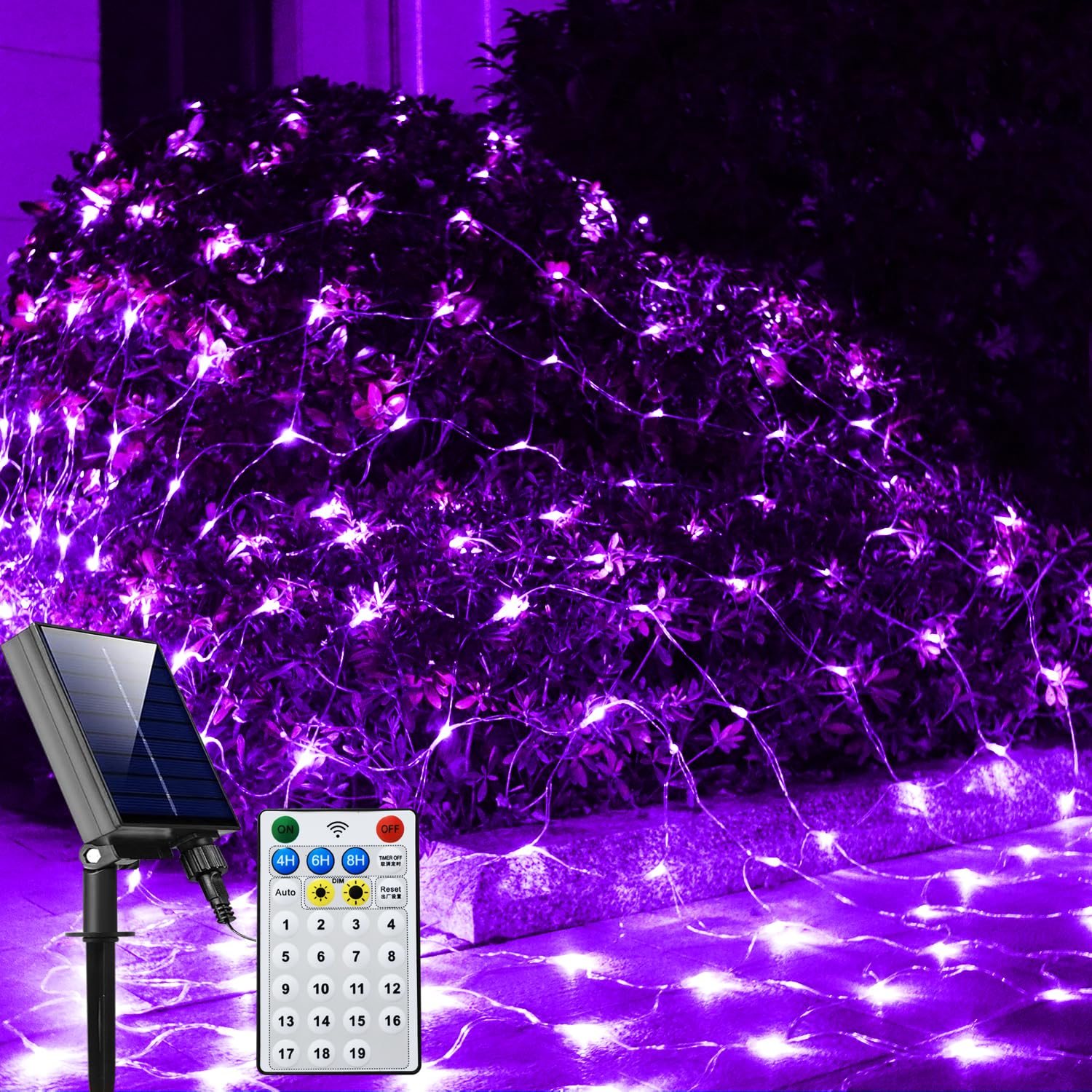 Curyidy Solar Net Halloween Lights Purple,192 Led Net Lights Outdoor Mesh Lights, 19 Modes Solar Powered/Usb Remote Control String For Garden, Yard, Bushes, Trunk, Halloween, Xmas Tree Decor