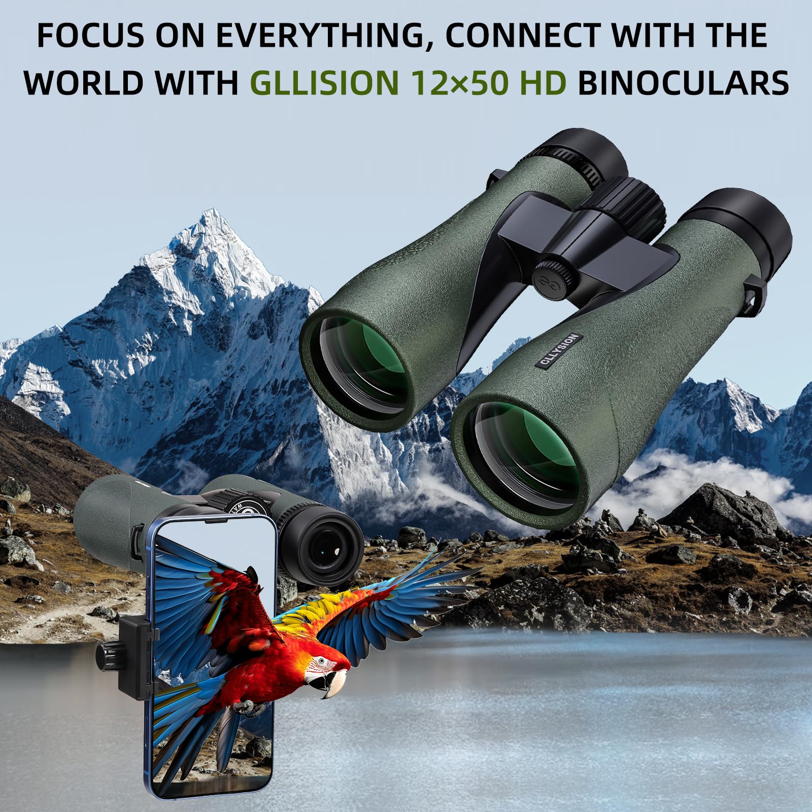 Gllysion 12X50 Professional Binoculars For Adults High Power With Phone Adapter, Hd Binoculars With Bak4 Prisms, Super Bright Lightweight & Waterproof Binocular Perfect For Bird Watching, Hunting, Stargazing