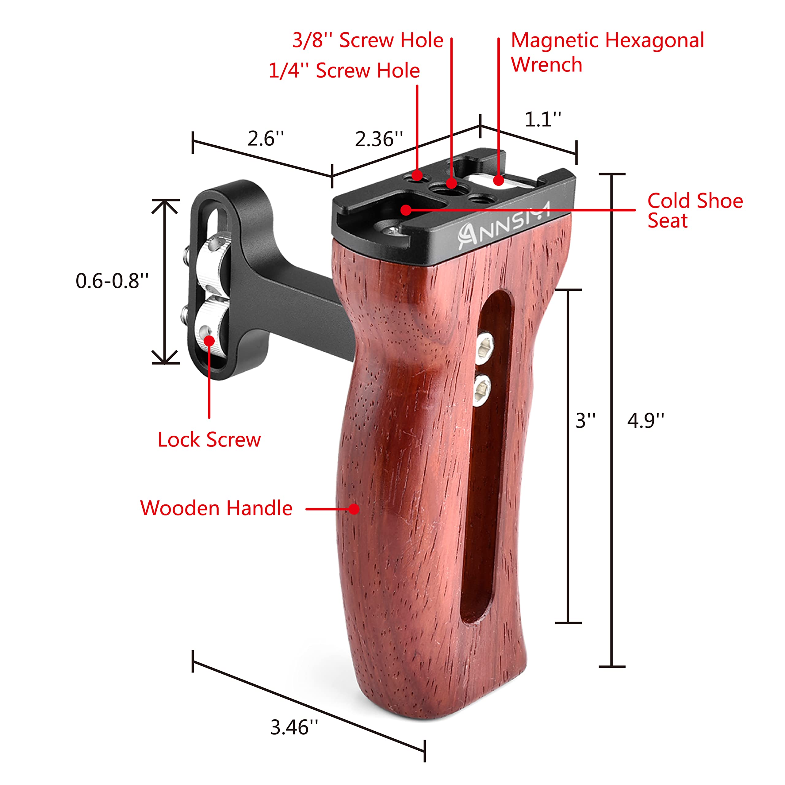 Annsm Side Wooden Handle Grip For Dslr Camera Cage, Cold Shoe Mount, Built-In Wrench, Threaded Holes, Left Right Compatible Iphone/Smartphone/Video Rig Videography/Camera Cage