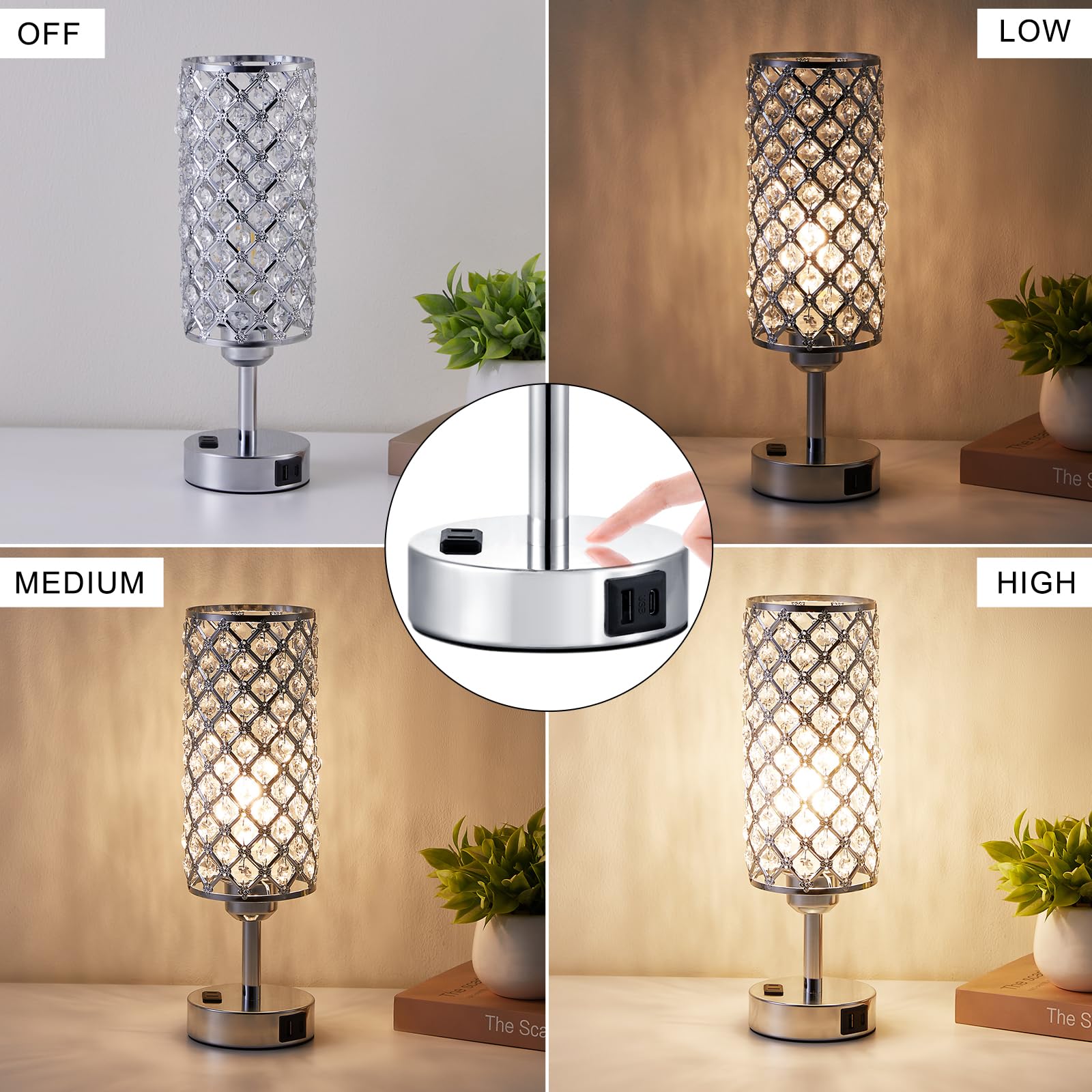 Hong-In Crystal Lamp Touch Control Set Of 2, Sliver Crystal Table Lamps With Usb C+A Ports & Ac Outlet, 3-Way Dimmable Nightstand Touch Lamp, Modern Bedside Table Lamp For Bedroom(Bulbs Included)