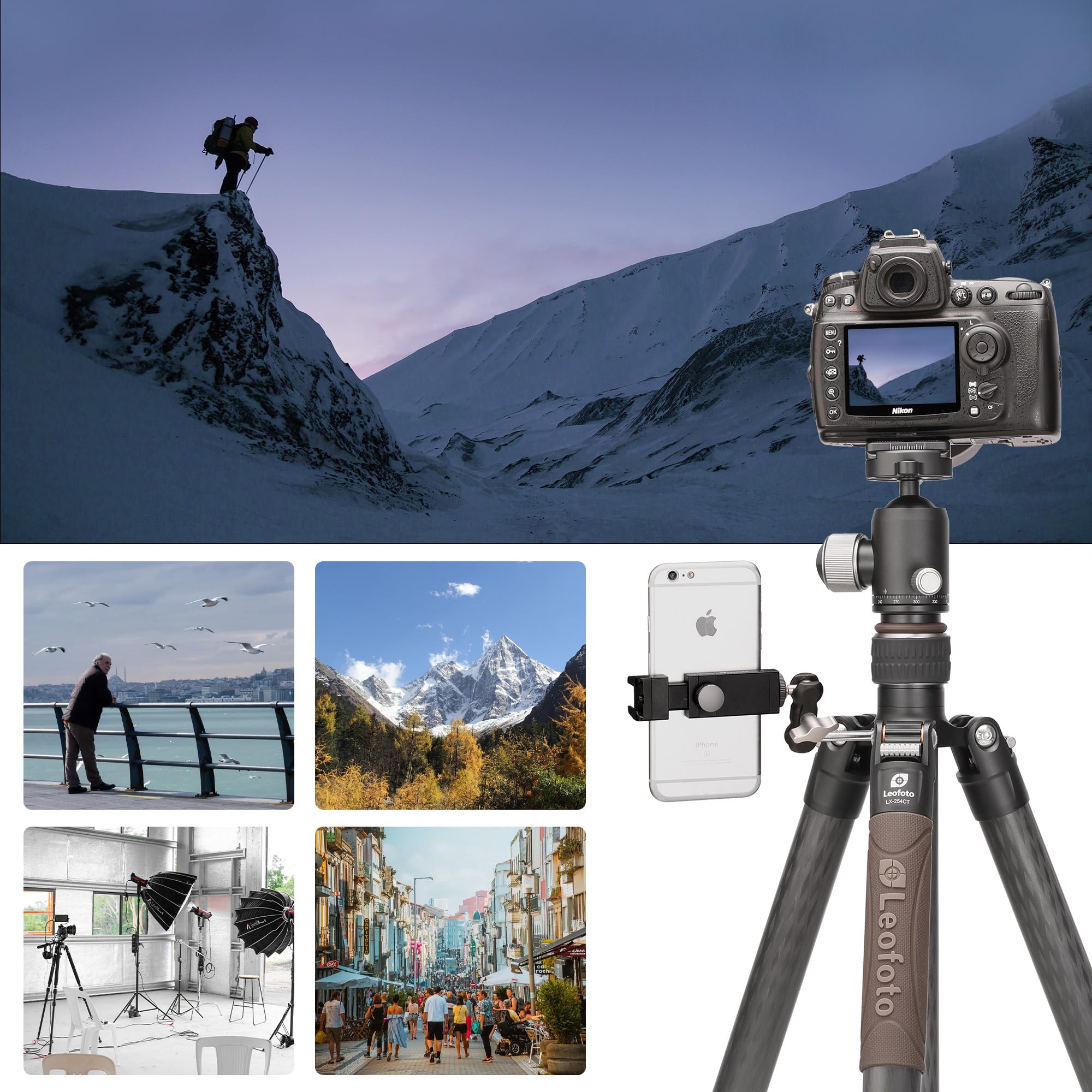Leofoto Portable Reversible Travel Tripod, Carbon Fiber Camera Tripod With Ball Head, With 360° Detachable Center Column, Folded Length 485Mm, Max Load 15Kg (Lx-324Ct+Xb-38)