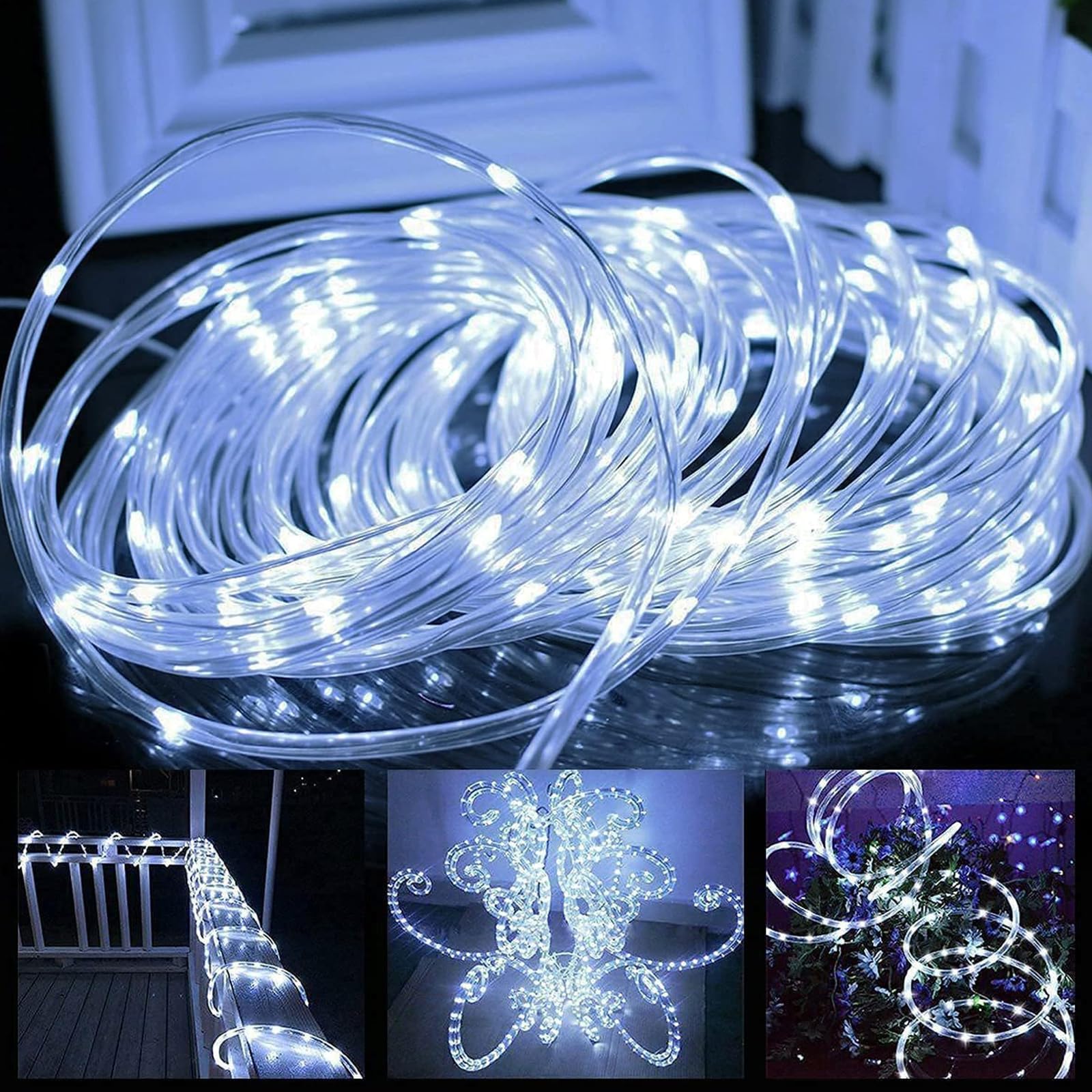 Ijg Christmas 2 Pack Solar Rope Lights Outdoor Waterproof,Each 33Ft 100 Led 8 Modes And Timer Clear Tube String Lights For Outside(White)