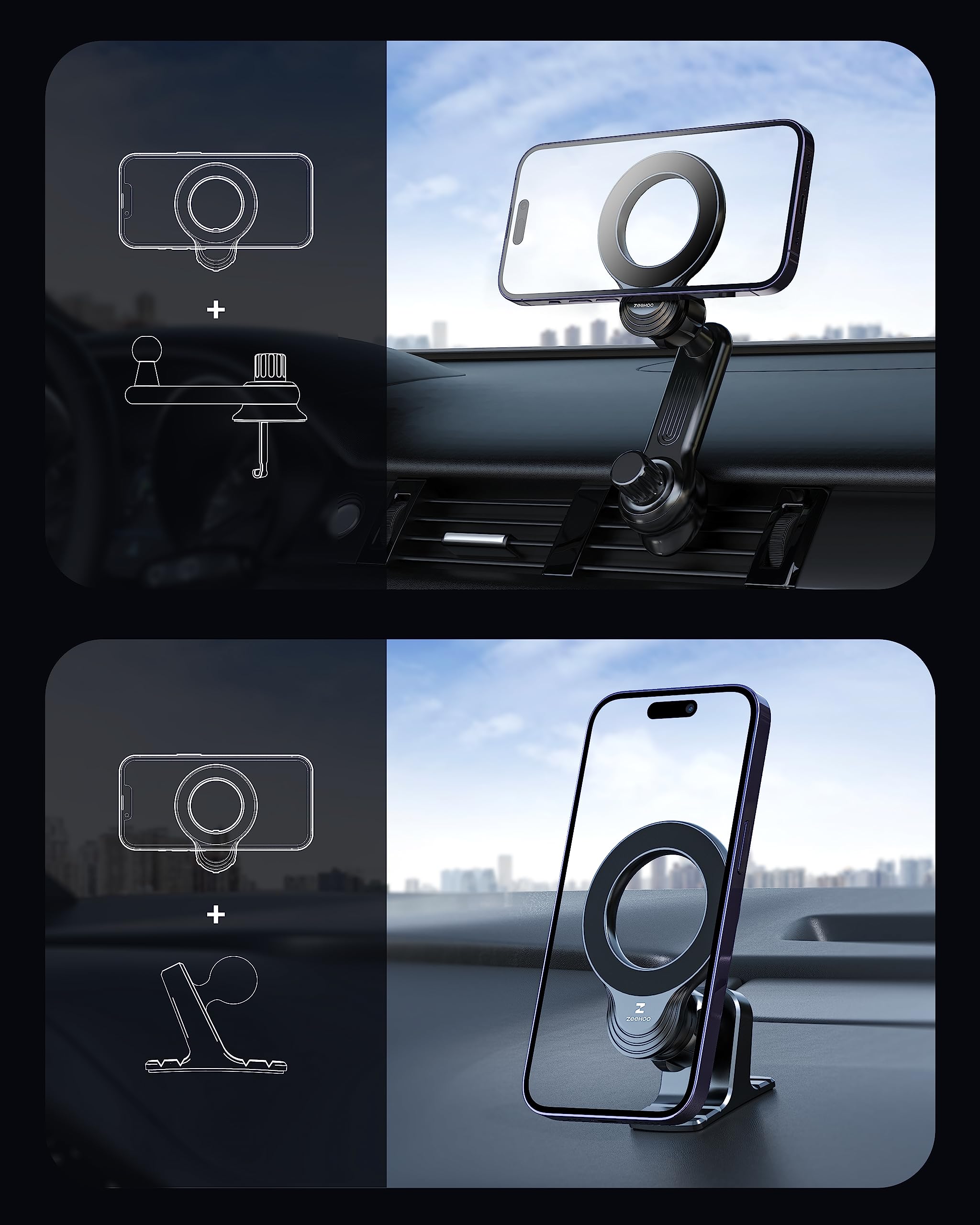 Zeehoo Compatible With Magsafe Car Mount, Magnetic Phone Holder For Car [12 Strongest Magnets], Magnetic Car Vent Phone Mount [Non-Blocking&360 Rotation] For Iphone 15 14 13 12 Pro Max Mini