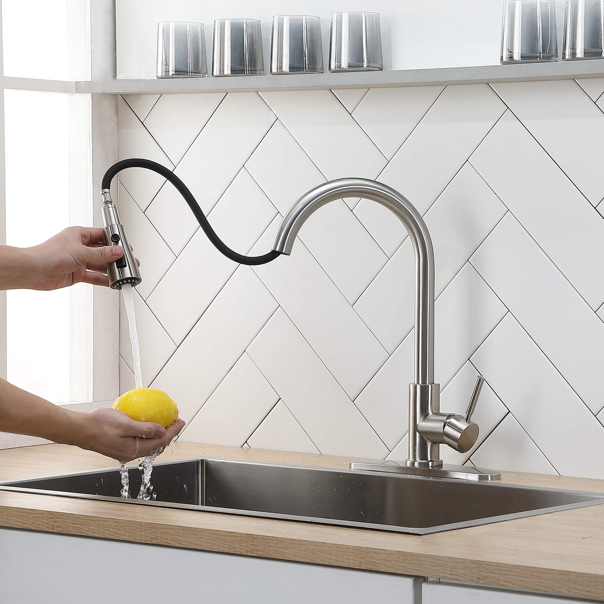 Ikebana Kitchen Faucet With Sprayer, Brushed Nickel Kitchen Faucet, High Arc Single Handle Single Hole Stainless Steel Pull Out Kitchen Sink Faucet With Deck Plate Faucet For Kitchen Sink