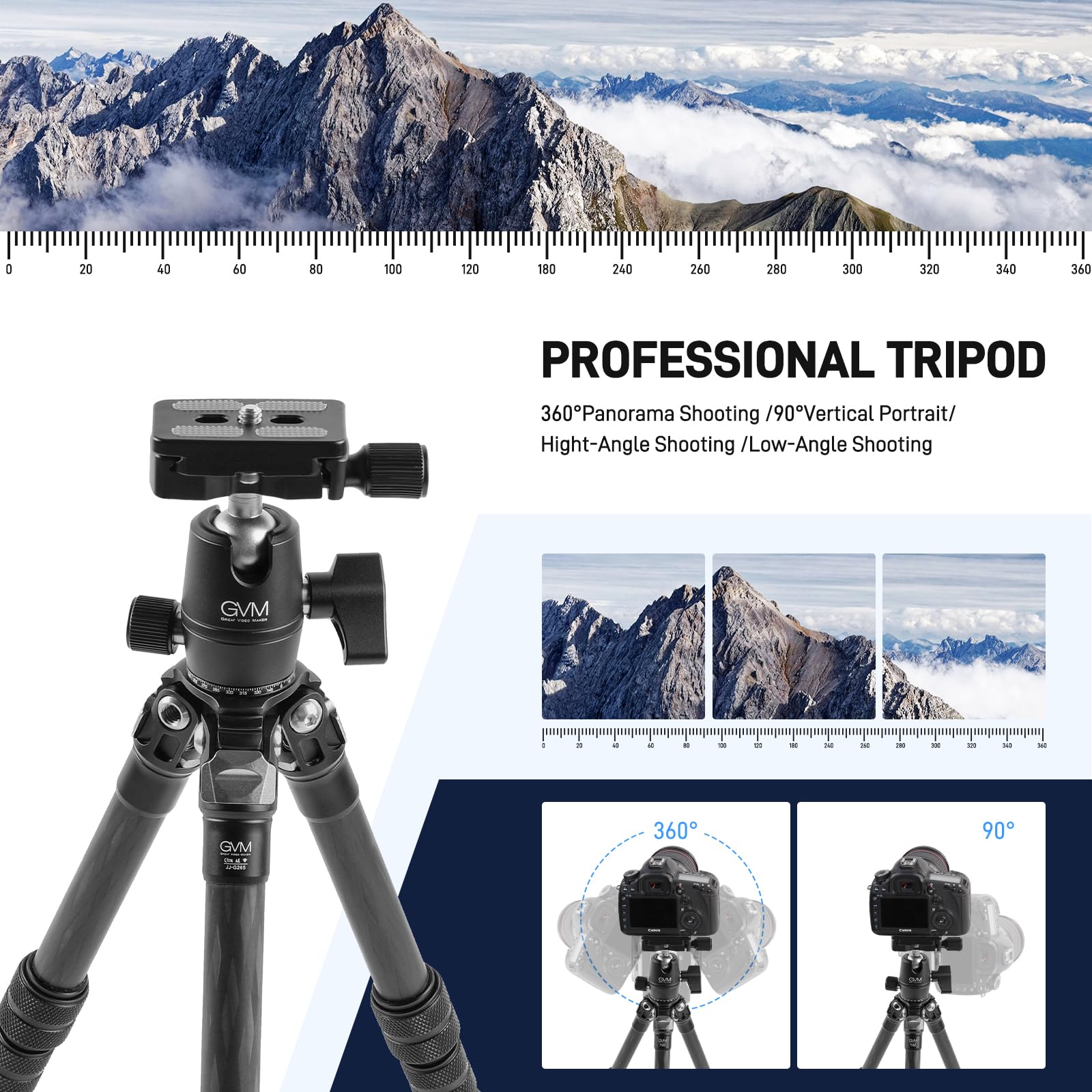 Gvm Great Video Maker Gvm Carbon Fiber Camera Tripod, Tripod For Camera And Phone, Heavy Duty Camera Tripod Stand With 360° Panorama Ball Head Quick Release Plate & Mobile Phone Clip For Max Load 15 Lb
