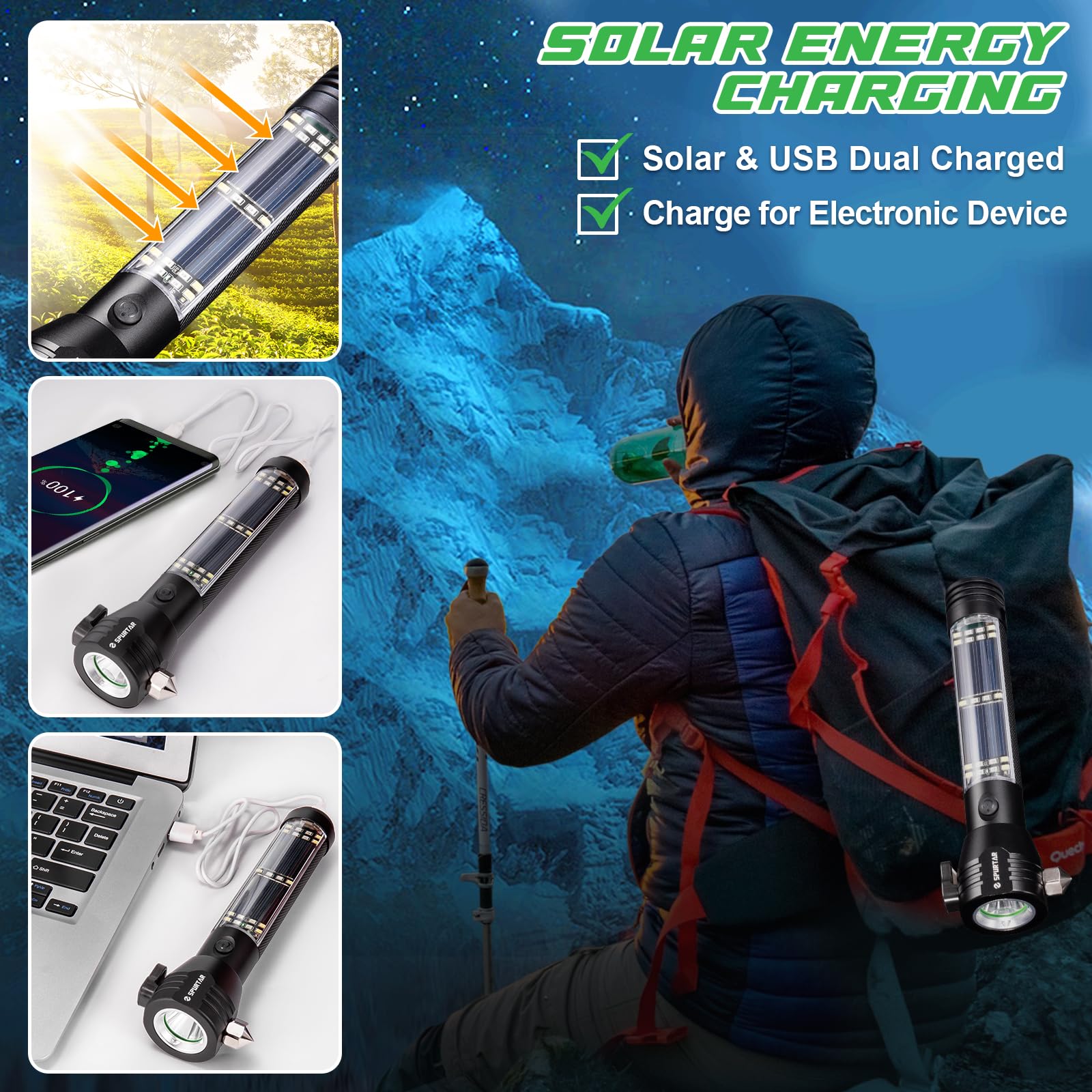 Spurtar Solar/Rechargeable Led Flashlight, 2 Packs 2000Mah Usb Rechargeable Tactical Torch Multi Function Ultra Bright Flashlight 7 Modes For Outdoor, Camping, Hiking