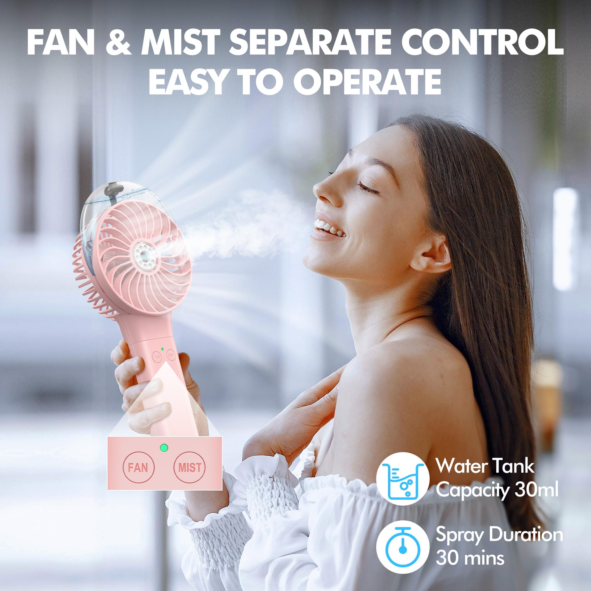 Morecore Portable Misting Fan, 180° Foldable Handheld Personal Fan With Mist Spray, 3 Adjustable