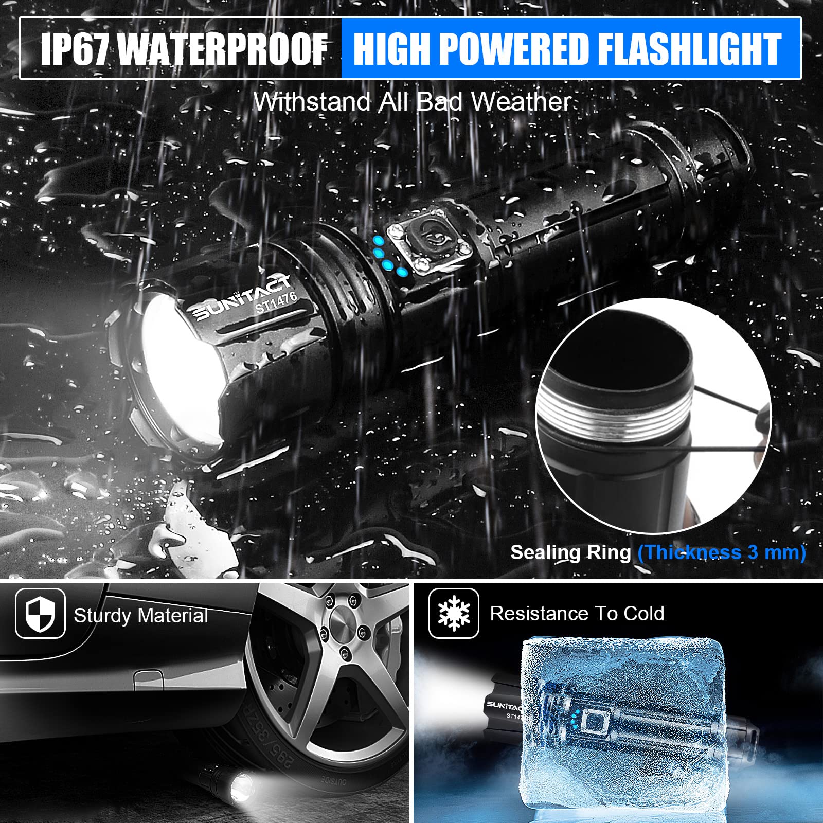 Sunitact Flashlights High Lumens, Rechargeable Flashlight Led 2000 Lumen Xhp70.2, Super Bright Flash Light, High Powered Handheld Flashlights For Emergency Camping , Ip67 Waterproof, Adjustable