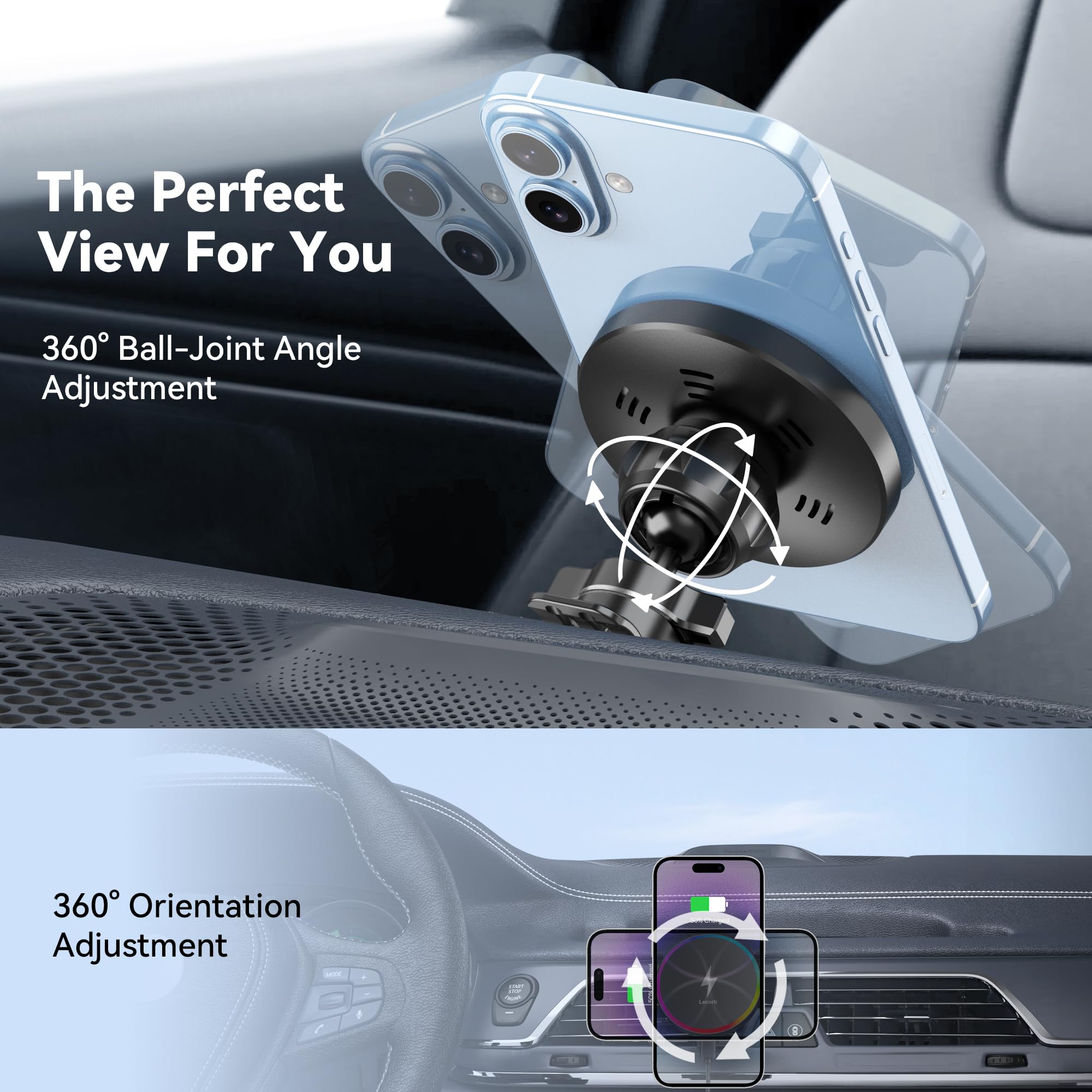 Lecork For Magsafe Car Mount, 15W Magnetic Wireless Charger For Iphone, Magsafe Air Vent Car Holder Charger For Iphone 16 Pro Max/16/15/14 13 12, Samsung S25/S25+/Ultra, Rgb Led Design