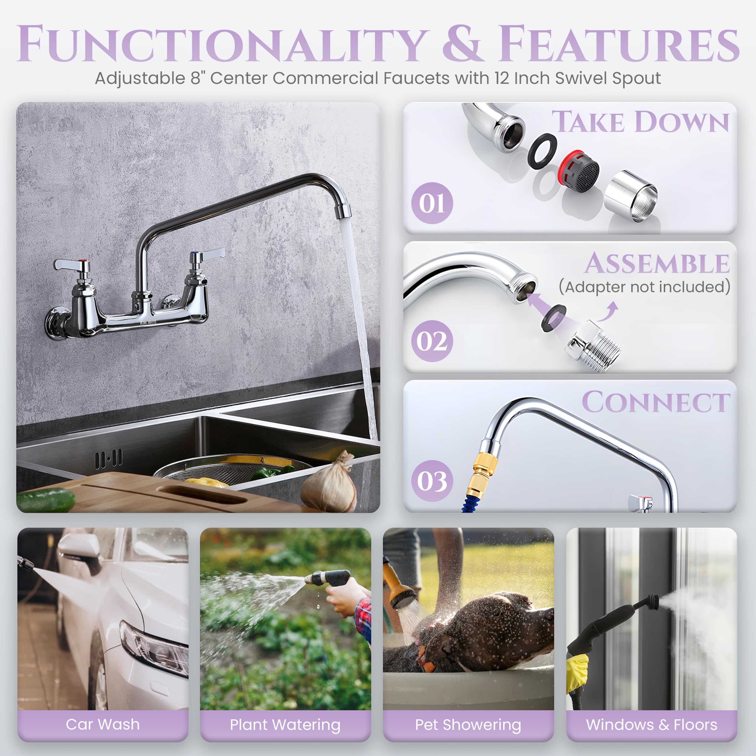 R.M. Rhys Stainless Steel Kitchen Faucet – 8" Center, 12" Spout - Solid Brass Commercial Wall Mount Faucet - Dual Levers & Polished Chrome Finish - Utility Sink Faucet For Commercial & Home Use