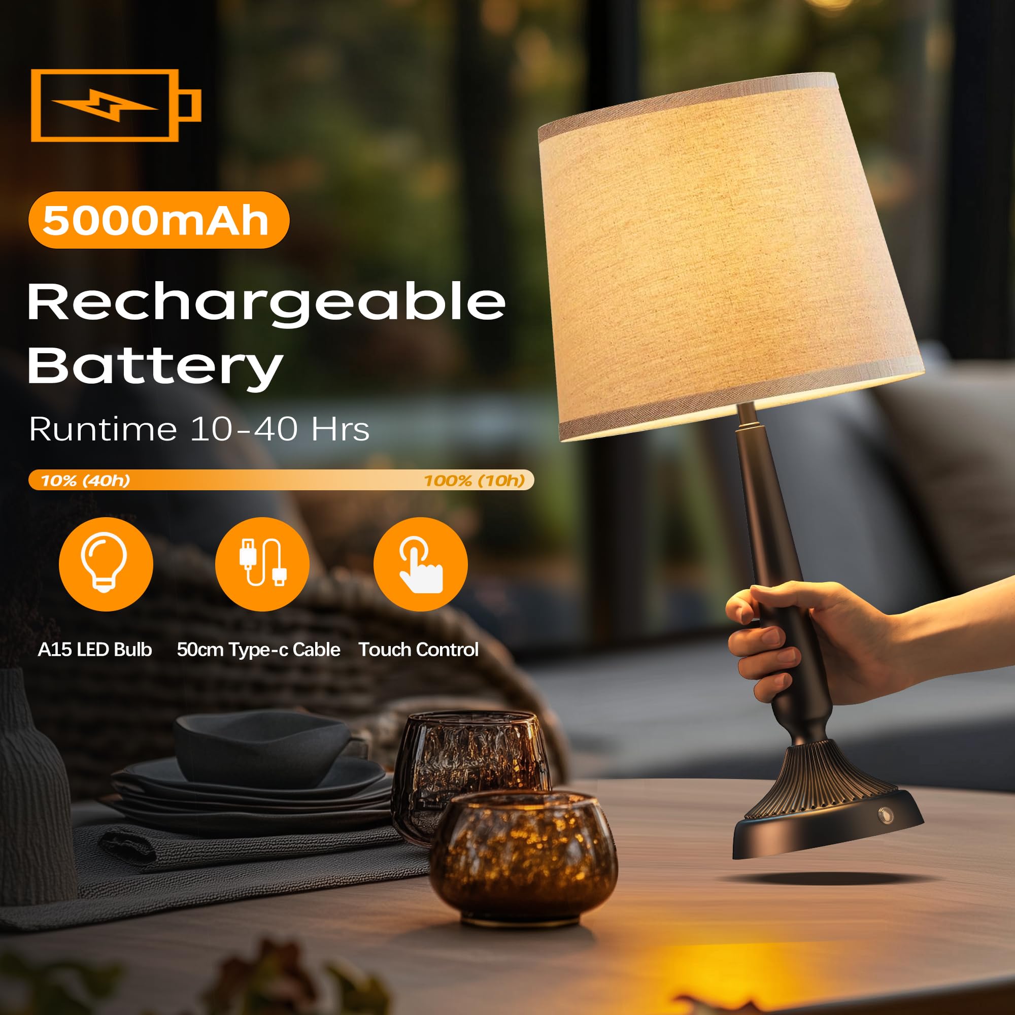 Partphoner Cordless Table Lamp, 5000Mah Battery Rechargeable Touch Lamp, Wireless Led Lamps, 3-Level Brightness Bedside Lamps, Modern Black Iron Design, Desk Lamp For Patio Camping, Dining, Home