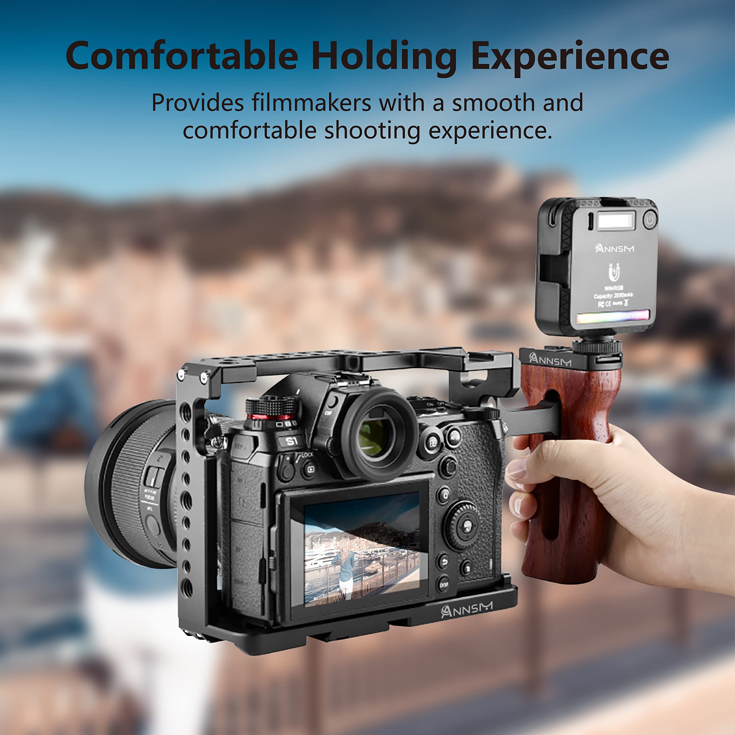 Annsm Side Wooden Handle Grip For Dslr Camera Cage, Cold Shoe Mount, Built-In Wrench, Threaded Holes, Left Right Compatible Iphone/Smartphone/Video Rig Videography/Camera Cage