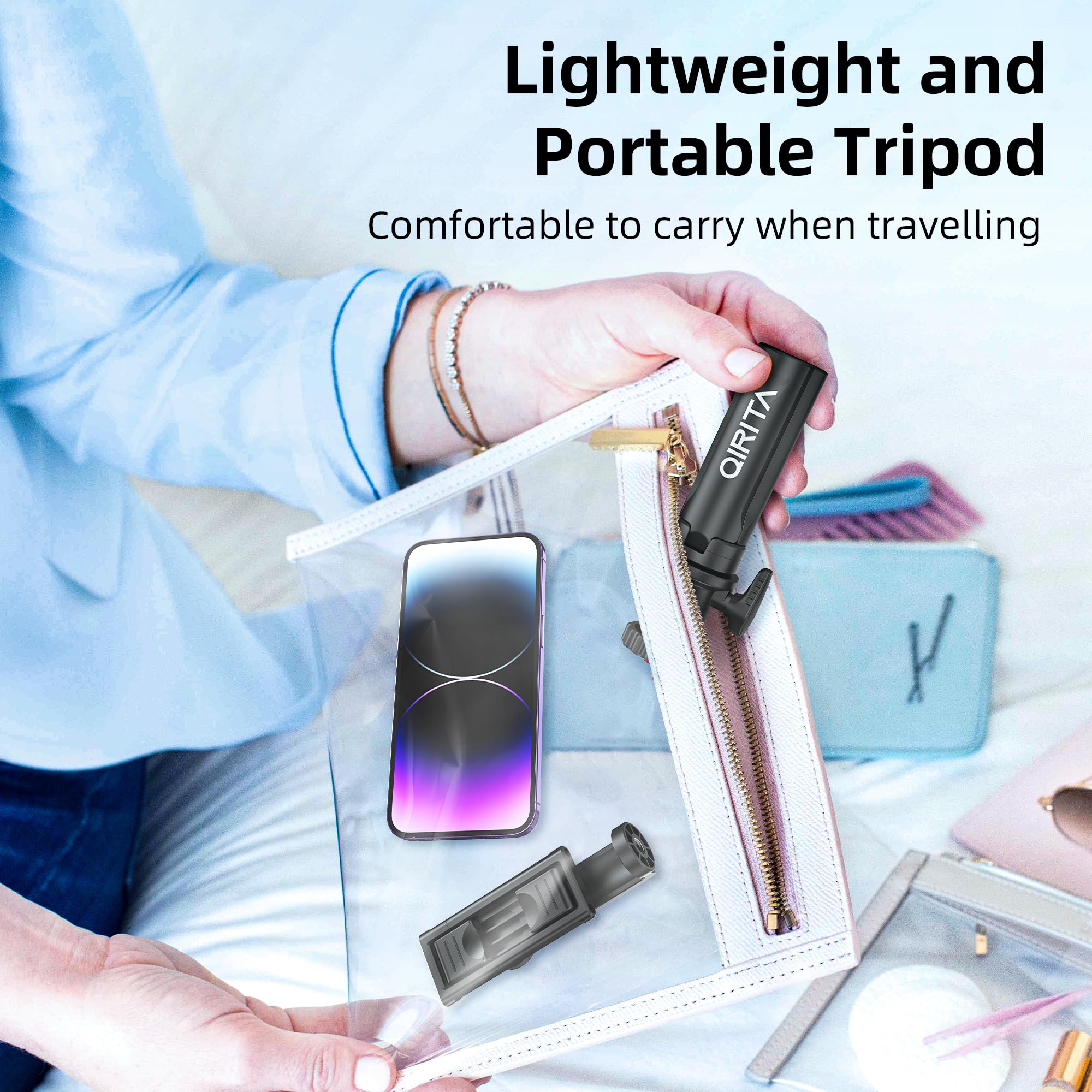 Qirita Mini Tripod & Desk Stand, 360° Rotatable Small Tripod Stand With Phone Holder & Cold Shoe, Selfie Stick Travel Tripod For Iphone/Android/Camera, Mini Hand Grip For Live Stream, Video Calls, Tiktok