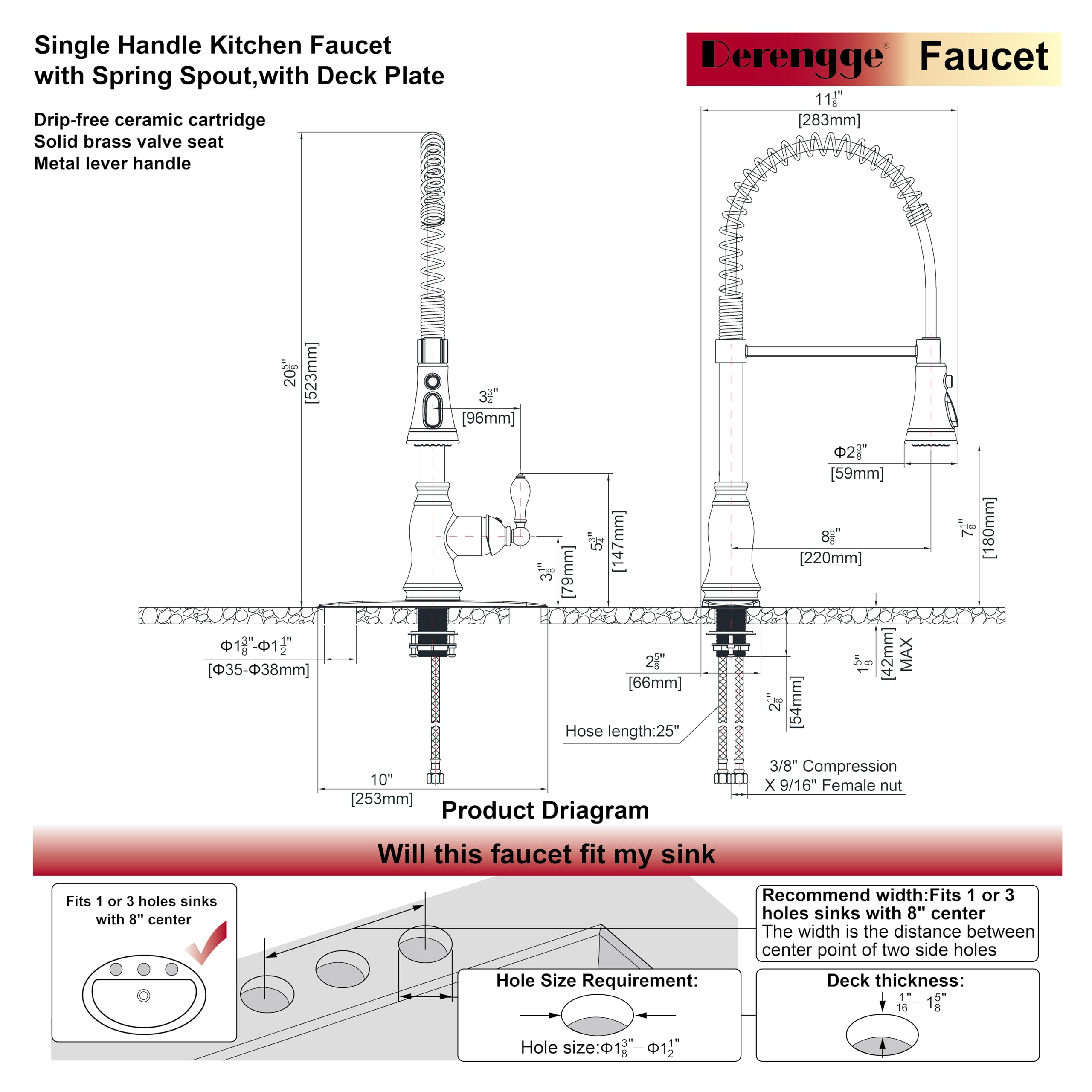 Derengge Brushed Gold Kitchen Sink Faucet,Single Handle Spring Spout Kitchen Faucet With Pull-Down Sprayer, 1 Hole Or 3 Hole Installation,Kf-5988-Bg
