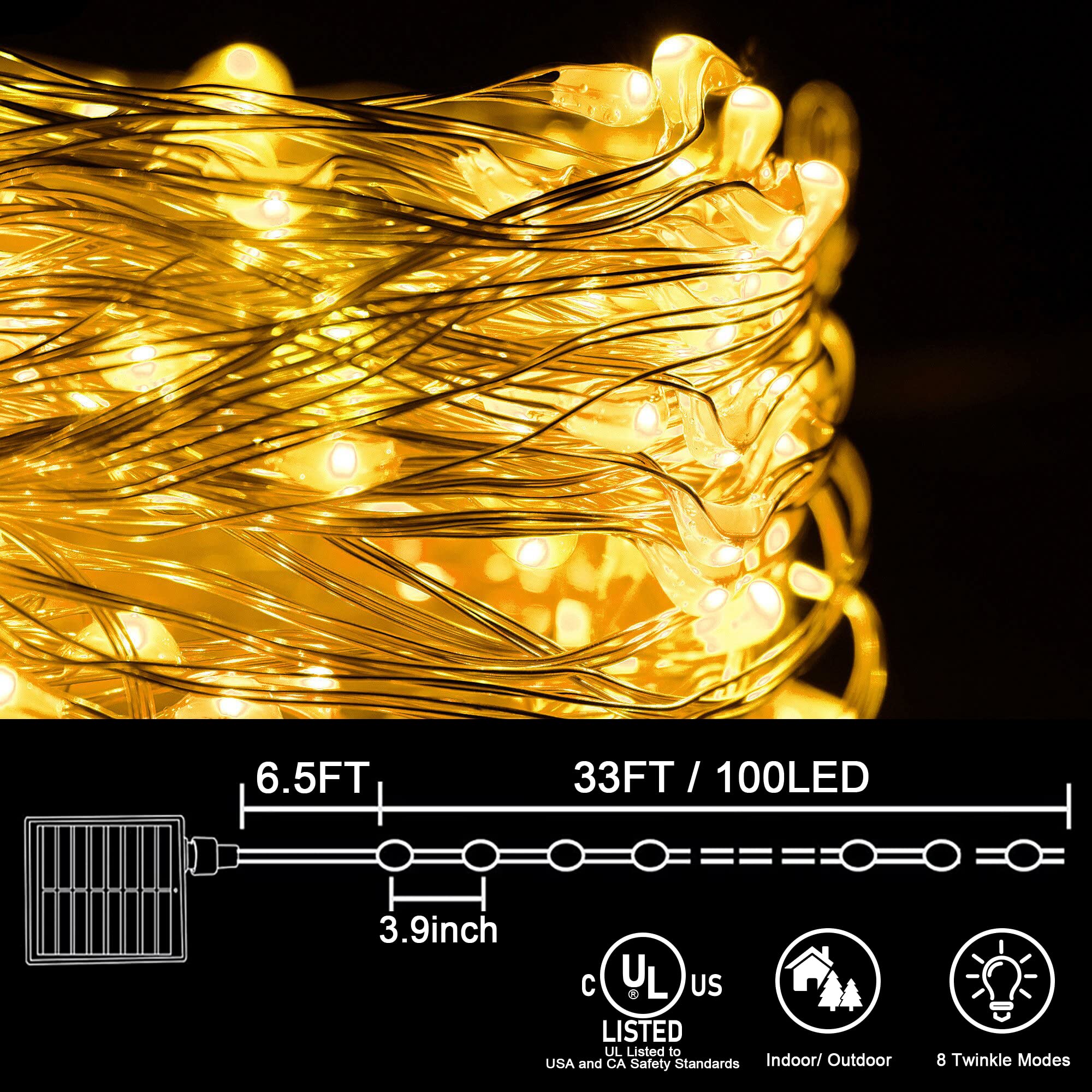 Kemooie 2 Packs Solar String Lights, Total 200 Led 66Ft 8 Twinkle Modes Warm White Solar Powered Fairy Lights, Waterproof For Outdoor, Tree, Garden, Christmas Decorations (Warm White)