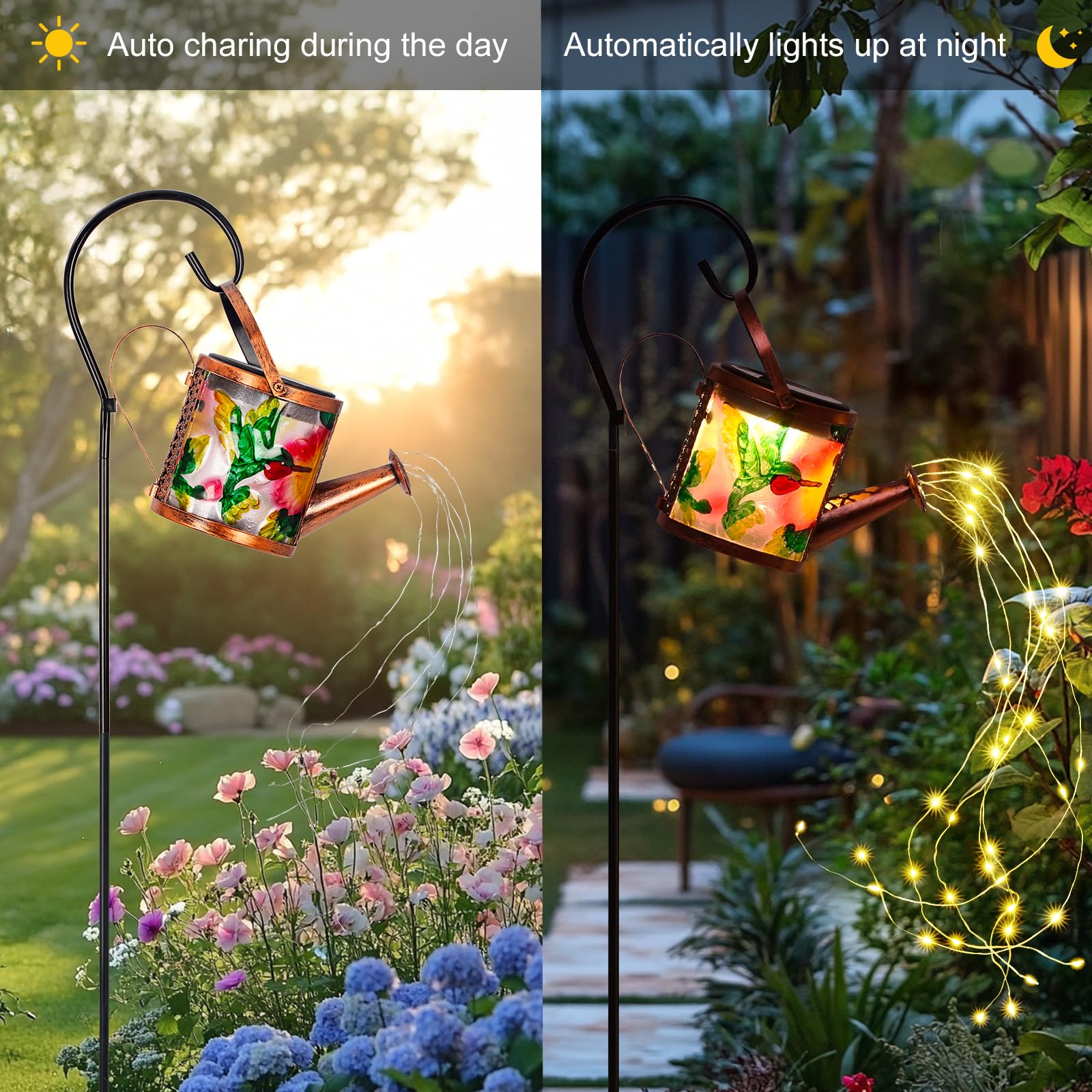 Pearlstar Watering Can Solar Light Hummingbird Watering Can Lights Hanging Lanterns Outdoor Solar Landscape Lights Waterproof Garden Yard Patio Decor Gardening  For Women
