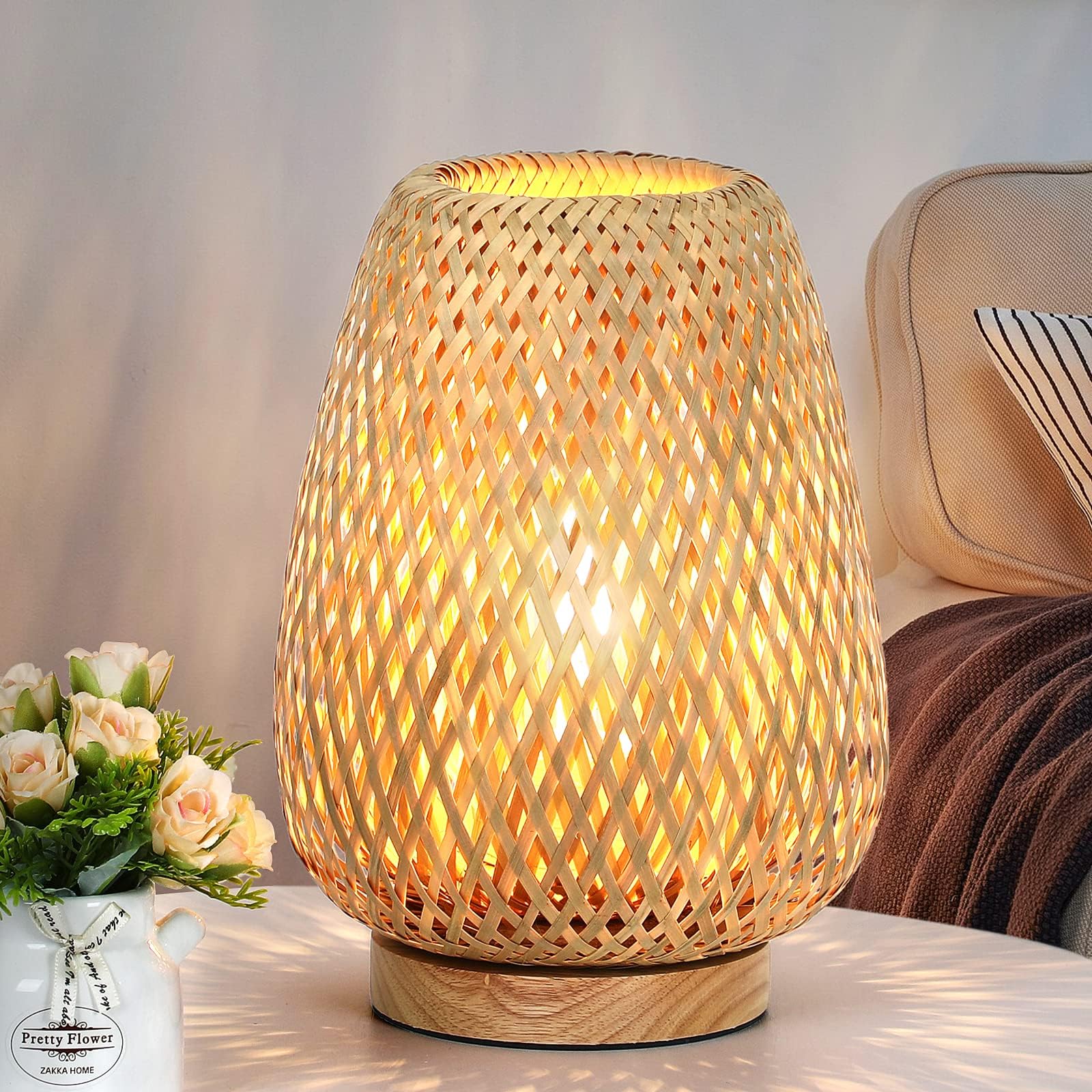Brightever Rattan Table Lamp, Stepless Dimmable Small Beside Lamp, Vintage Wicker Wooden Nightstand Boho Bamboo Woven End Table Lamps For Bedroom Living Room Desk Kids Room, 2700K T45 Led Bulb Included