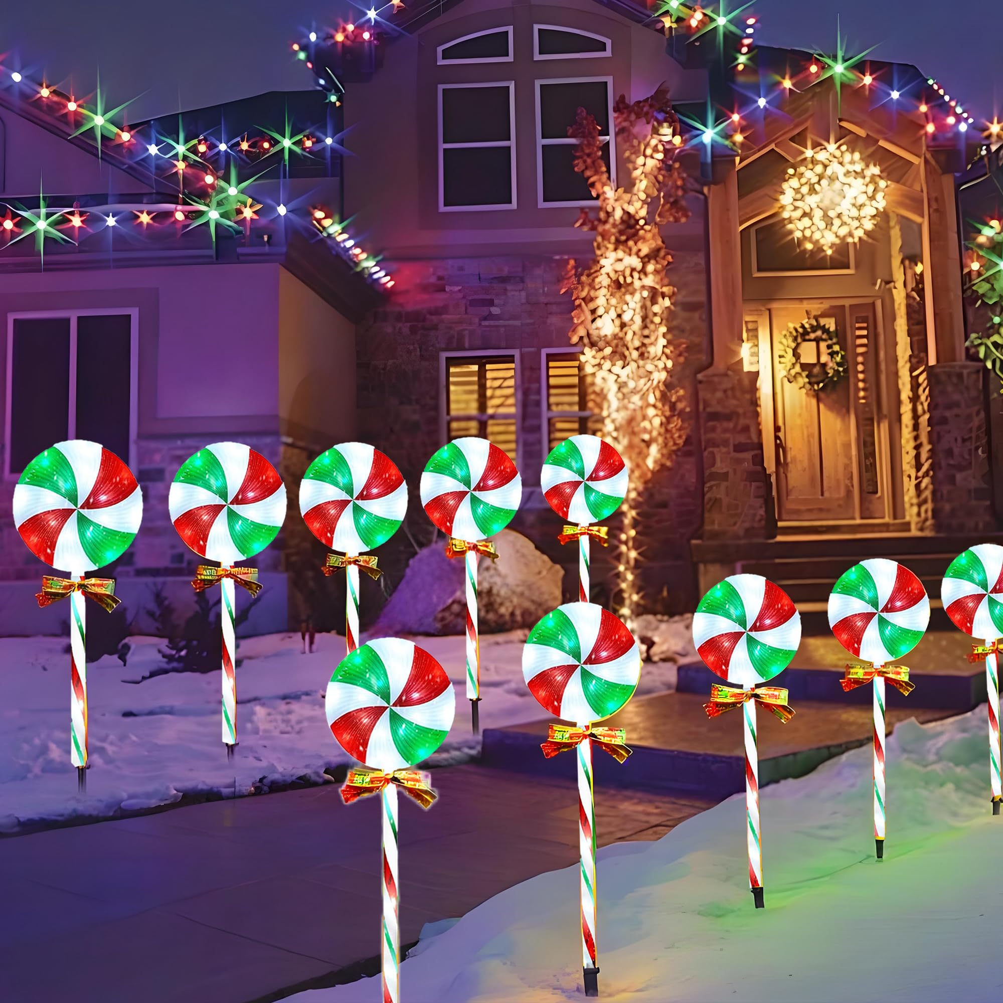 Ijmio 10 Packs Christmas Pathway Lollipop Lights With Bow Tie Solar Powered Outdoor Waterproof Xmas Candy Cane Path Landscape Decorative Stake Lights 2 Solar Panel + 10 Lights