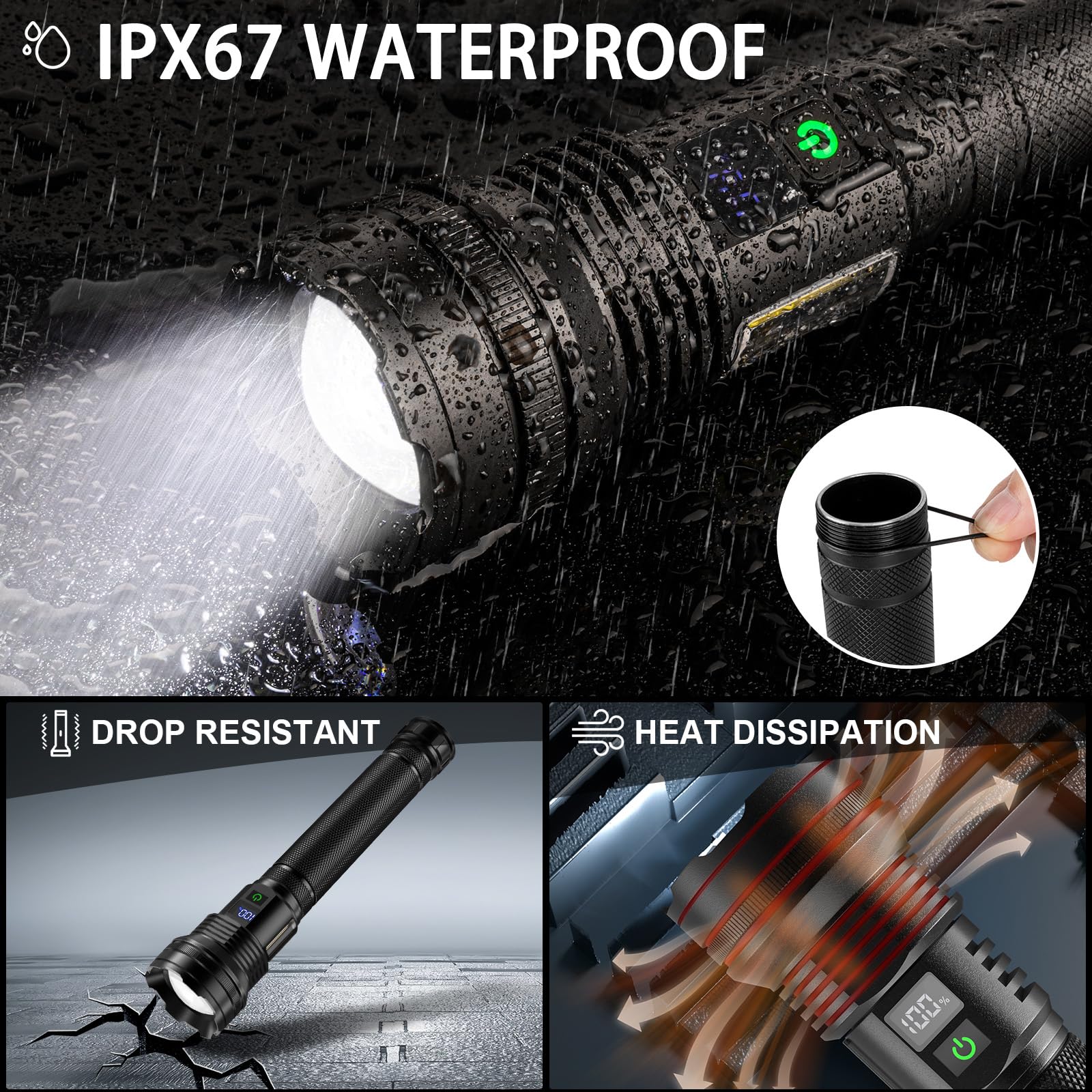 Kzk Rechargeable Led Flashlights High Lumens,990000 Lumens Super Bright Flashlight, With Cob Work Light & 10 Modes, Ipx67 Waterproof Handheld Flashlight, For Camping Emergencies Hiking Night Work