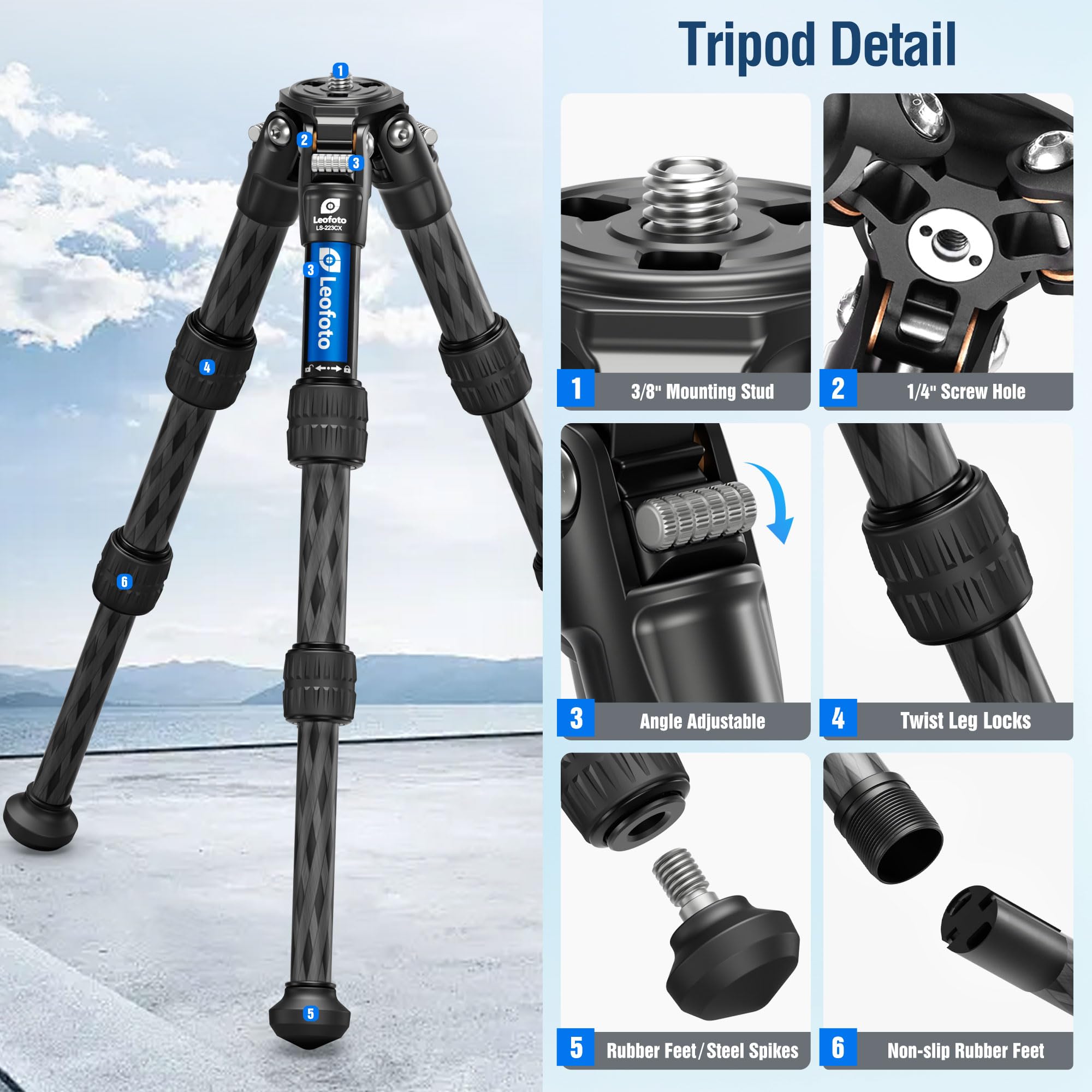 Leofoto Travel Camera Carbon Fiber Mini Table Tripod, 14.5" Lightweight Desktop Tripod For Dslr Camera Video Camcorder Webcam, Max Load 22Lb（Ls-223Cx）