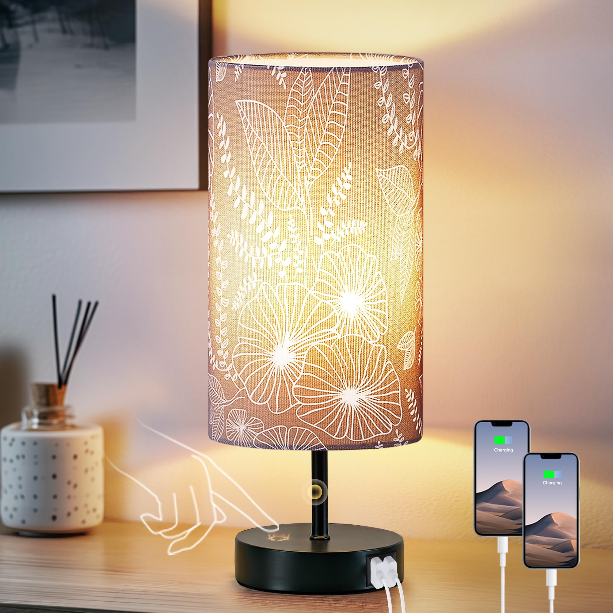Lolikit Bedside Table Lamp With 2 Usb Ports, Modern Touch Control Desk Lamp With Round Flower Flaxen Fabric Shade, 3 Way Dimmable Small Nightstand Lamp For Bedrooms Living Room Dorm Gray Decor(Bulb Included)
