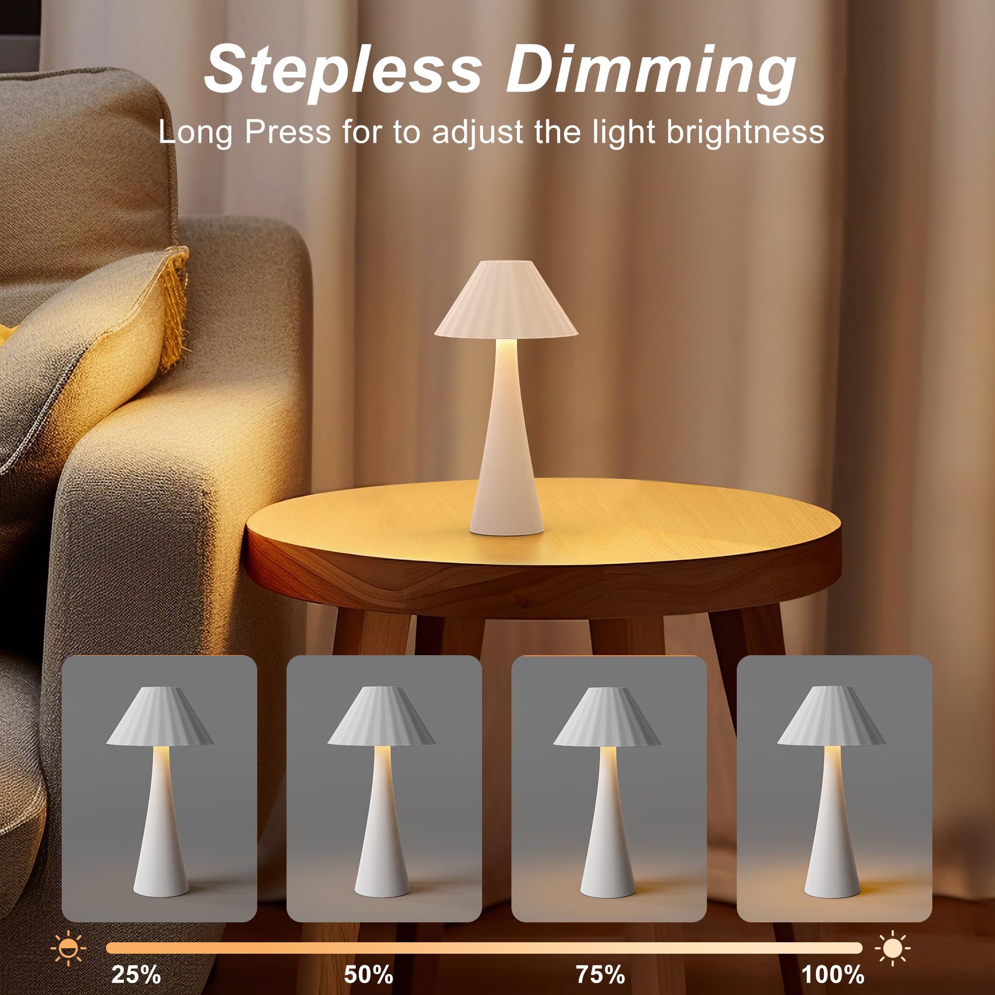 Hightry 2 Pack Cordless Table Lamps, White Portable Led Desk Lamp, 3000Mah Battery Operated Rechargeable Table Lights, Wireless Lamp With 2700K Stepless Dimming Up For Restaurant, Bars, Coffee Shop