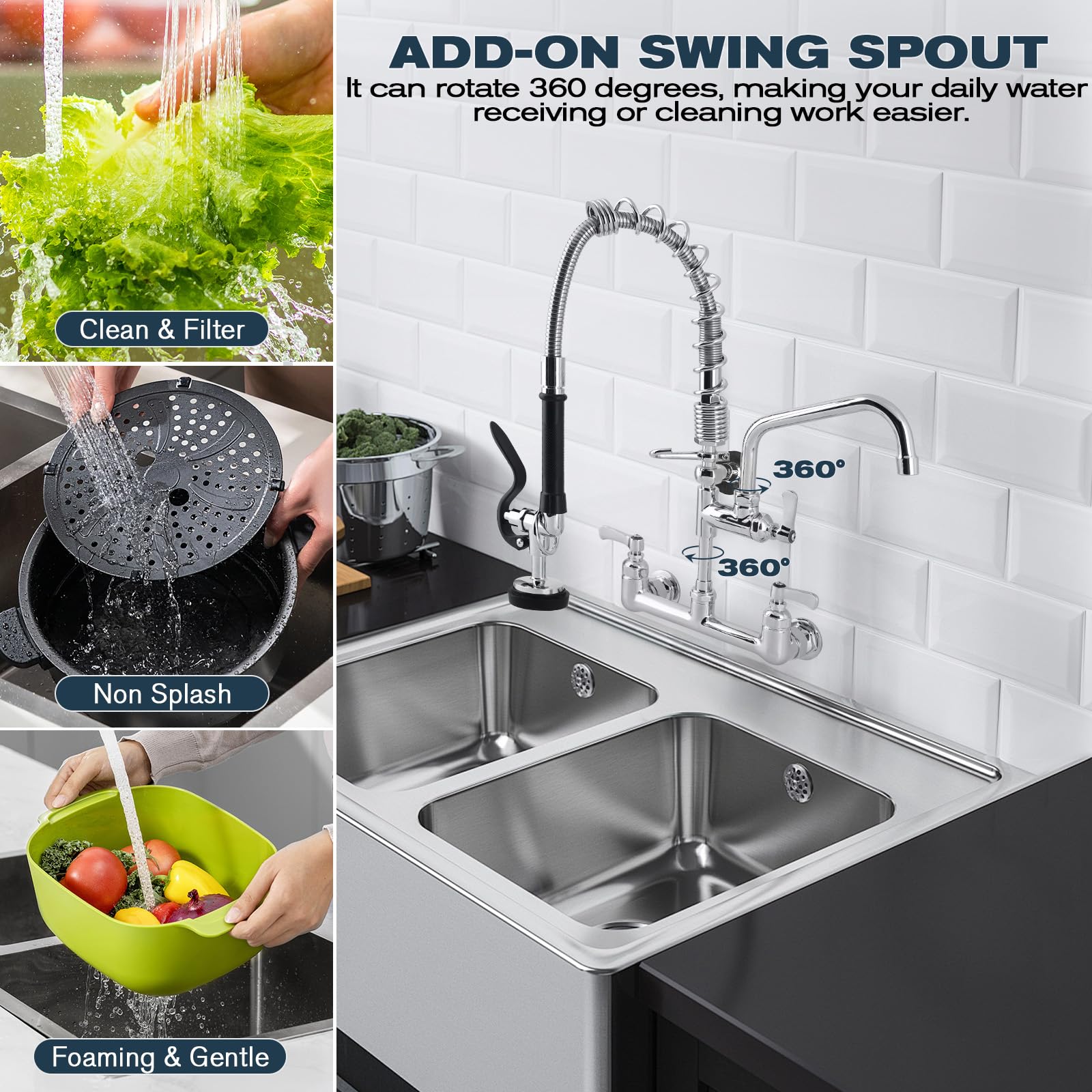 Bzimak Commercial Sink Faucet - 21" Height Commercial Faucet Wall Mount With Pre-Rinse Sprayer - 8" Adjustable Center And 8" Add-On Swing Spout, Commercial Kitchen Faucet With Pull Down Spray